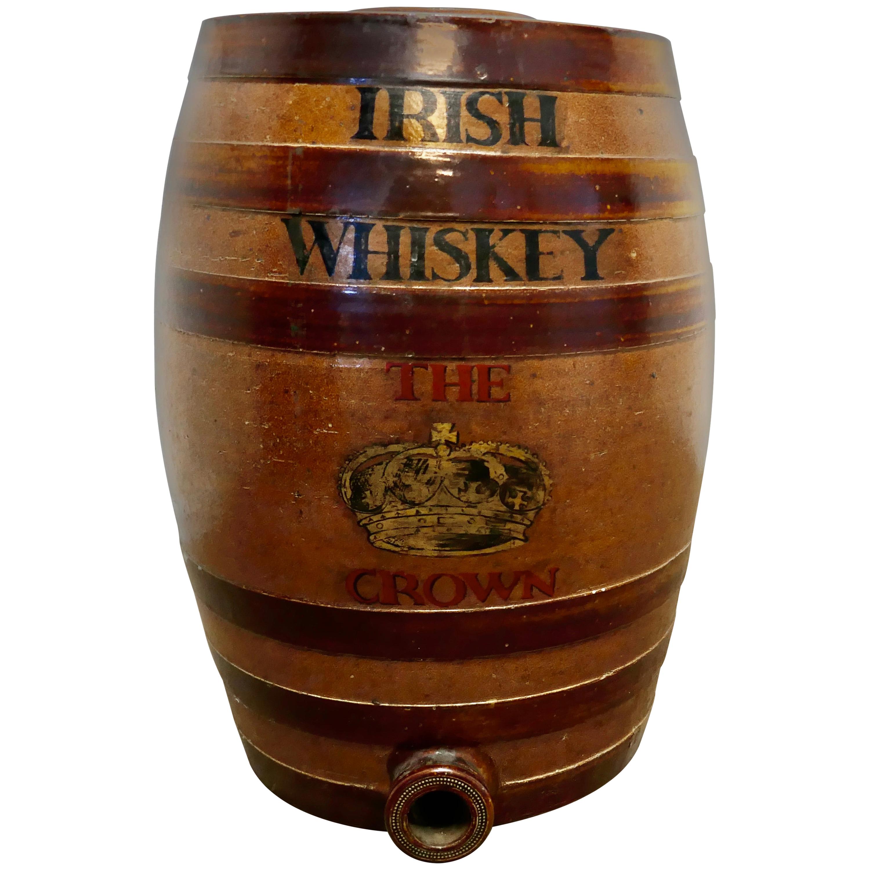 19th Century 10 Gallon Stoneware Irish Whiskey Barrel, from the Crown Inn