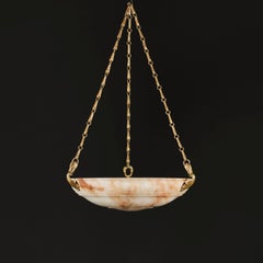 19th Century Alabaster Dish Light with Ormolu Chain