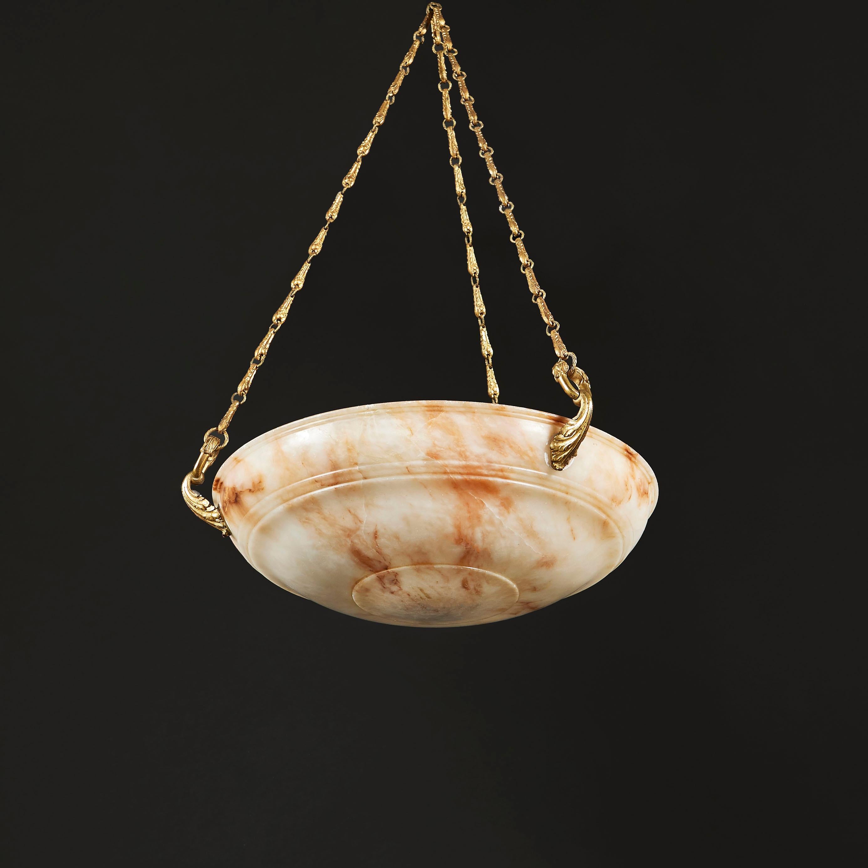 English 19th Century Alabaster Dish Light with Ormolu Chain