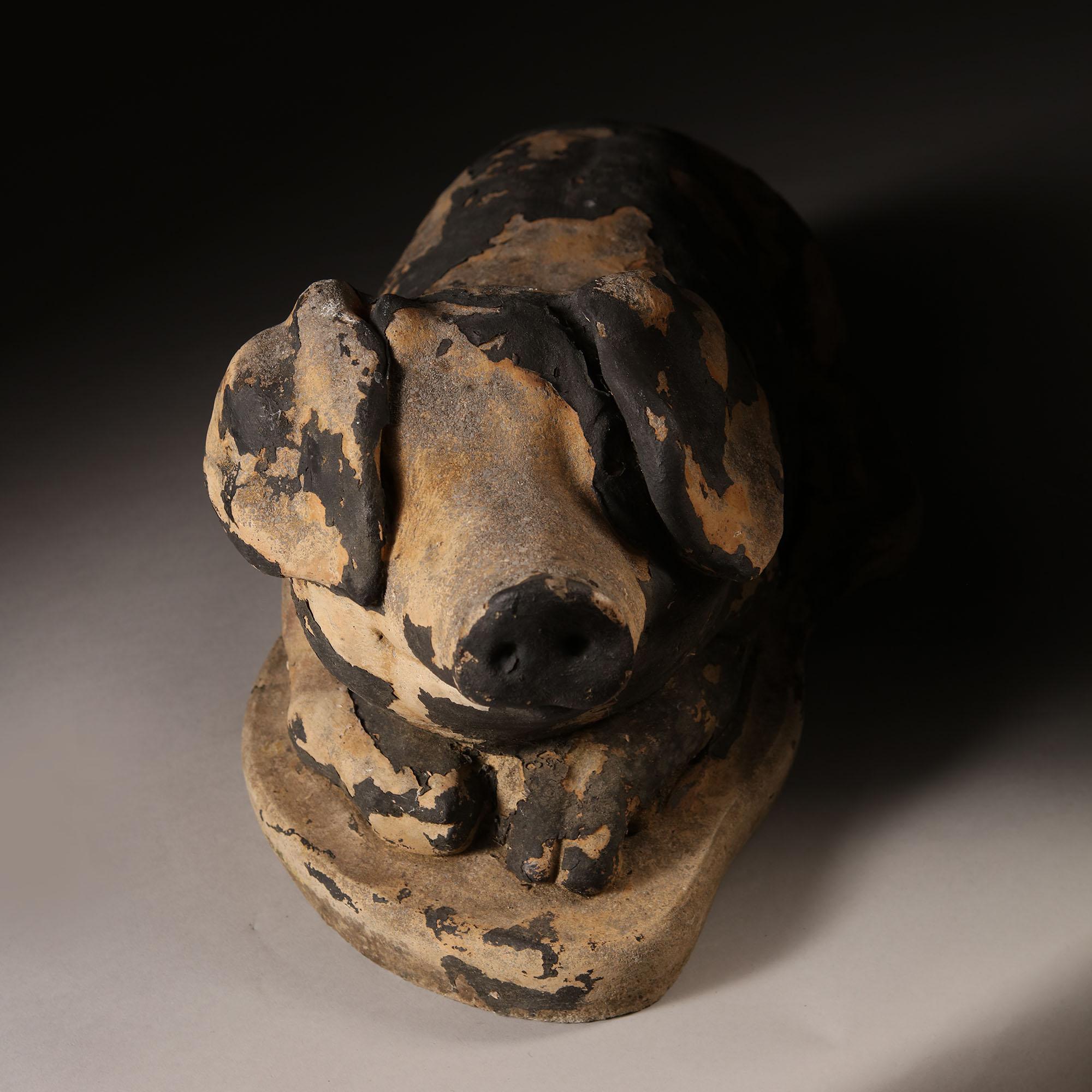 English 19th Century Animal Sculpture, a Painted Stone Model of a Pig with Black Paint For Sale