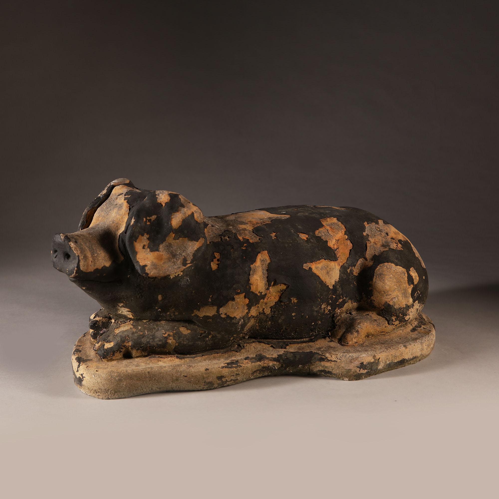 19th Century Animal Sculpture, a Painted Stone Model of a Pig with Black Paint For Sale 3