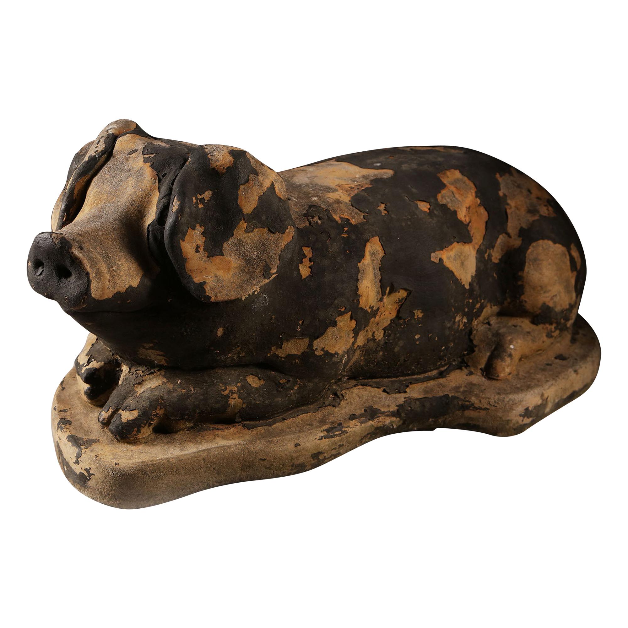 19th Century Animal Sculpture, a Painted Stone Model of a Pig with Black Paint For Sale