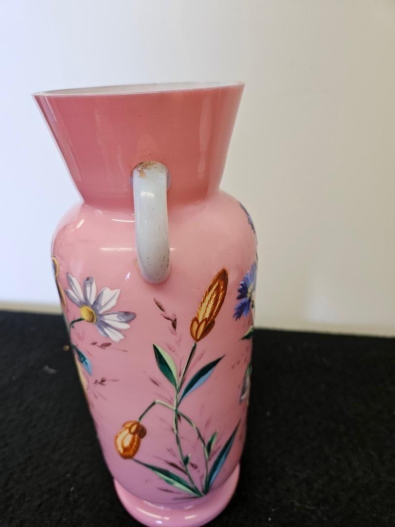 Aesthetic Movement A 19th Century Antique French Pink Opaline Glass and Enamel Vase  For Sale