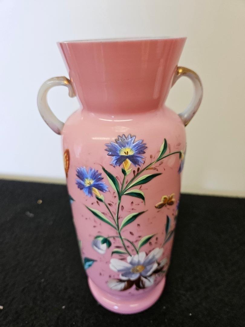 Hand-Painted A 19th Century Antique French Pink Opaline Glass and Enamel Vase  For Sale