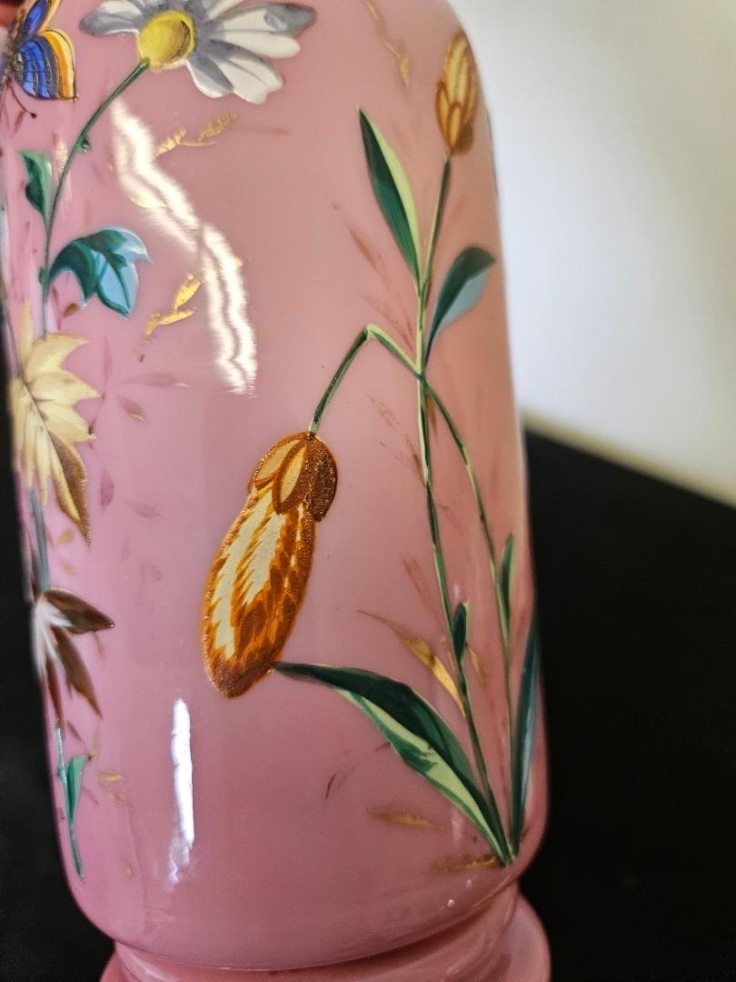 A 19th Century Antique French Pink Opaline Glass and Enamel Vase  In Good Condition For Sale In Lambertville, NJ