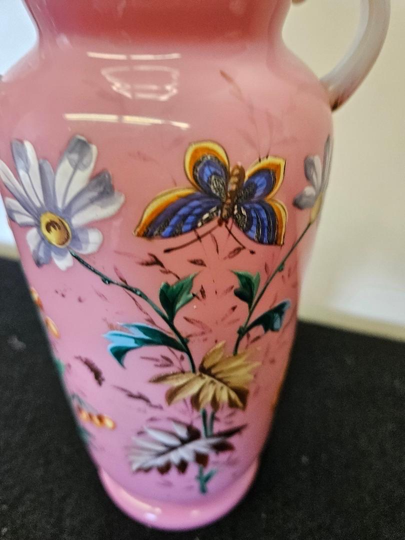 Late 19th Century A 19th Century Antique French Pink Opaline Glass and Enamel Vase  For Sale