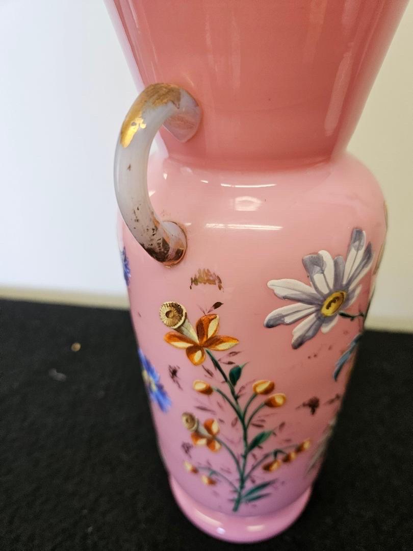 A 19th Century Antique French Pink Opaline Glass and Enamel Vase  For Sale 1