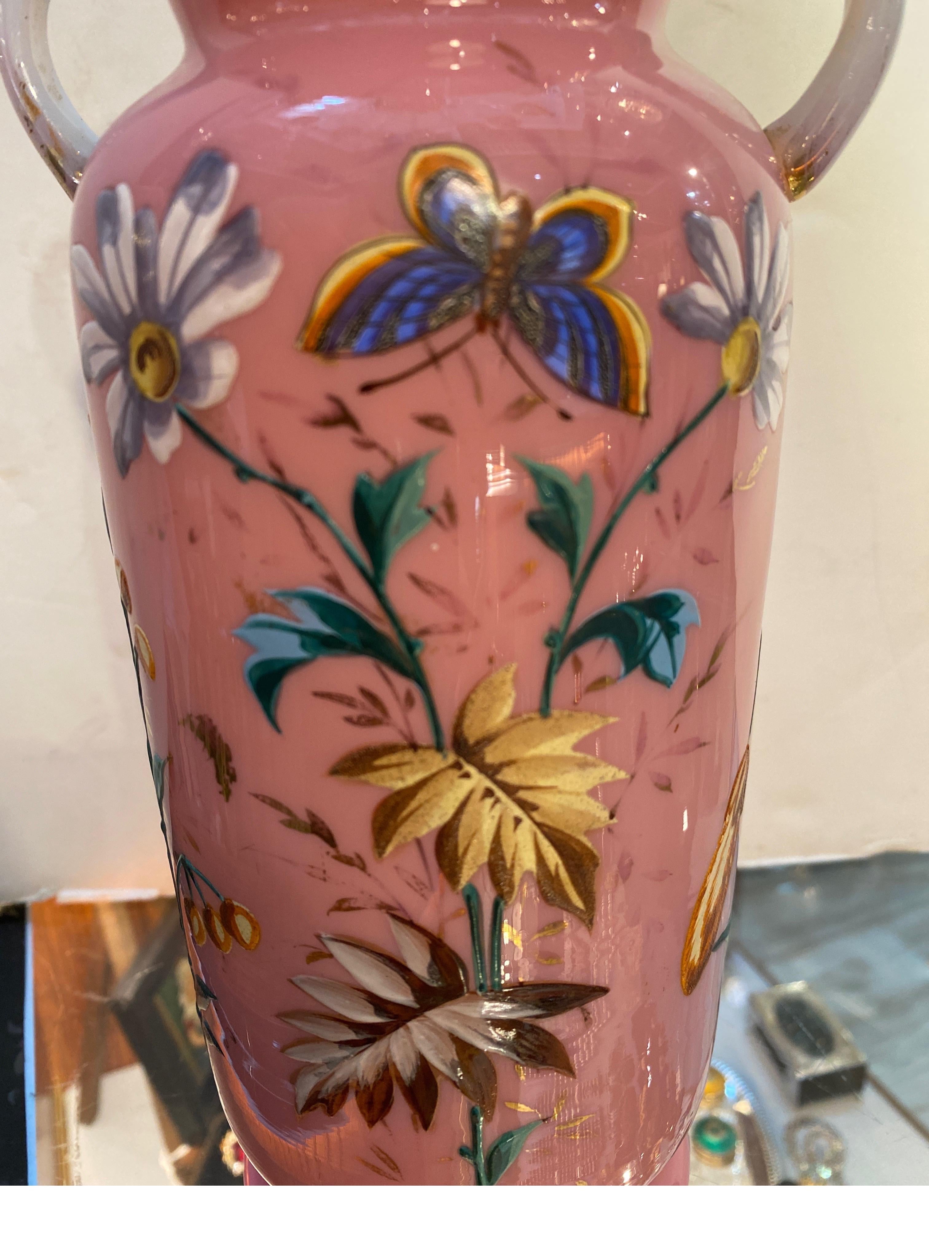 A 19th Century Antique French Pink Opaline Glass and Enamel Vase  For Sale 2