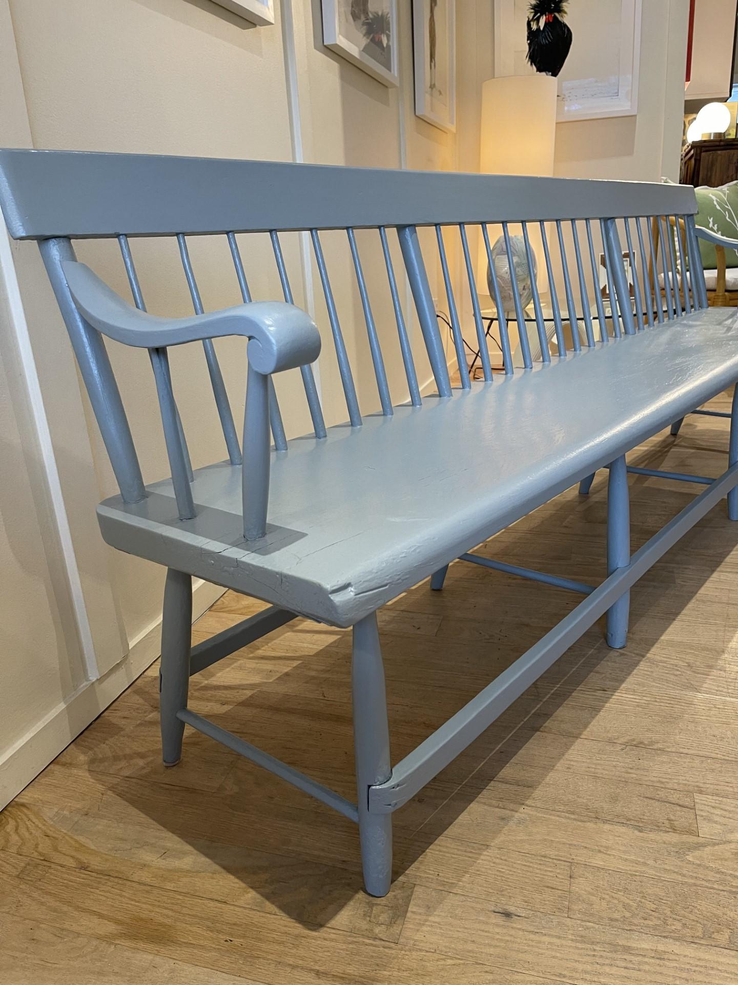 Massachusetts spindle backed  Beacons Bench, painted in the old world classic Buxton Blue, and measures 8 feet. Very good condition, some ware consistent with age.
Perfect for a hall entrance, covered patio, a contemporary Americana design  which