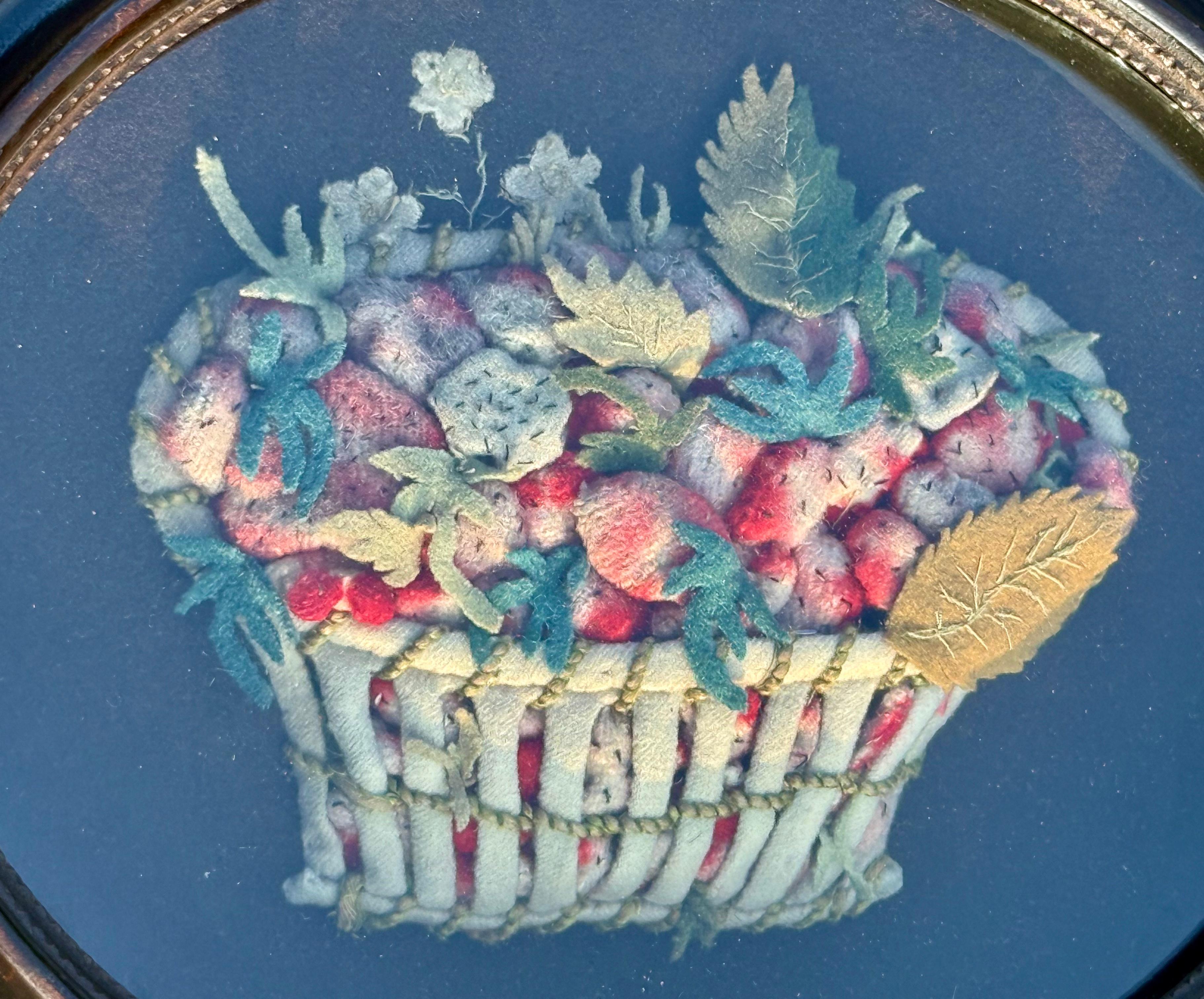 Victorian A 19th Century Applique Felt Work Picture of an Abundant Basket of Strawberries For Sale