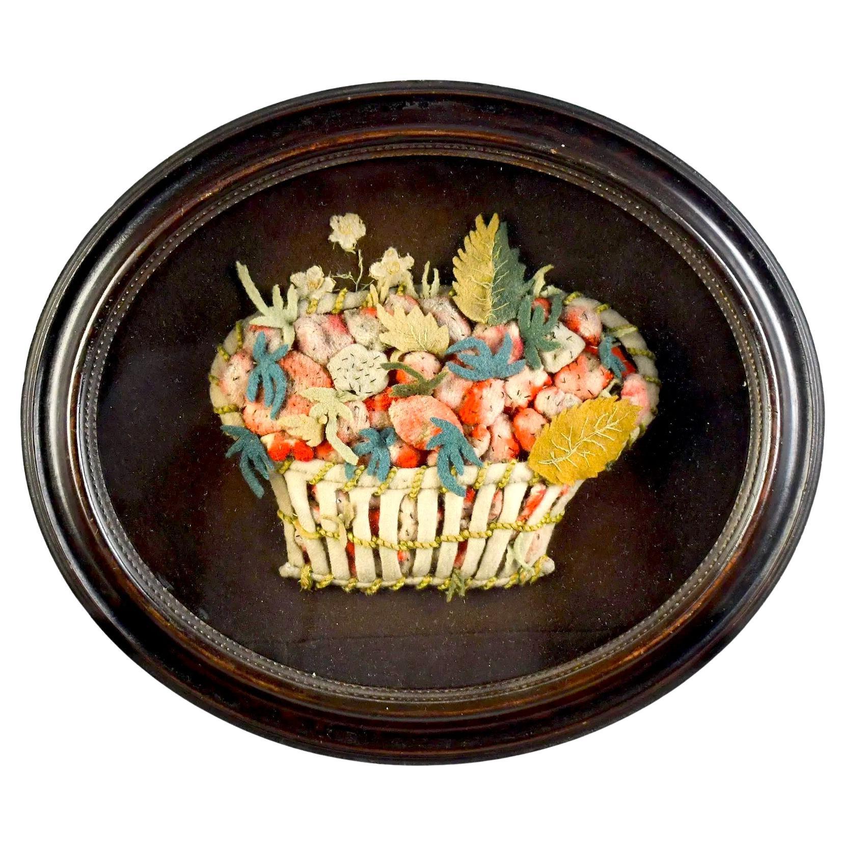 A 19th Century Applique Felt Work Picture of an Abundant Basket of Strawberries For Sale