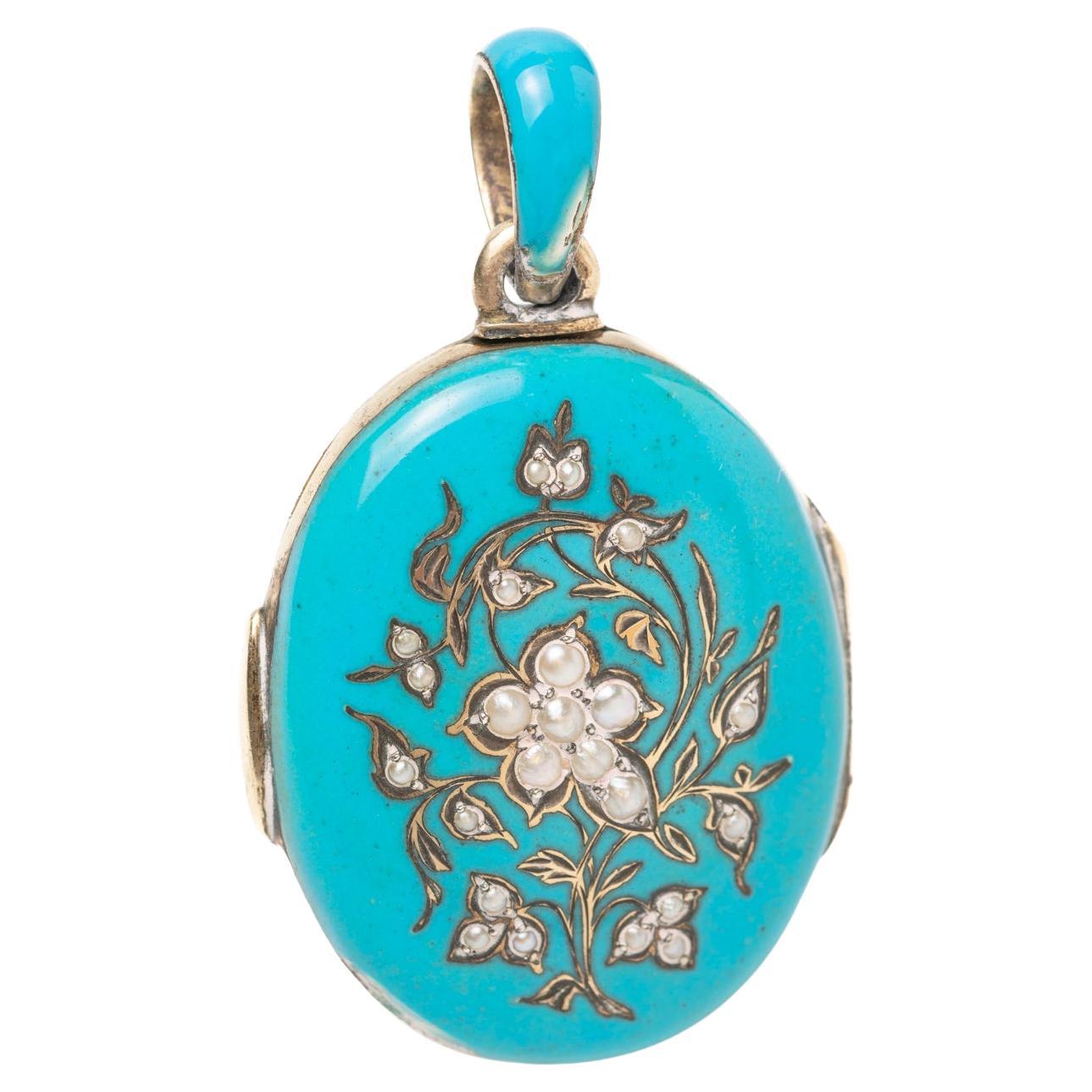 An Art Nouveau Austrian Enamel and Silver Gilt Pearl Locket For Sale