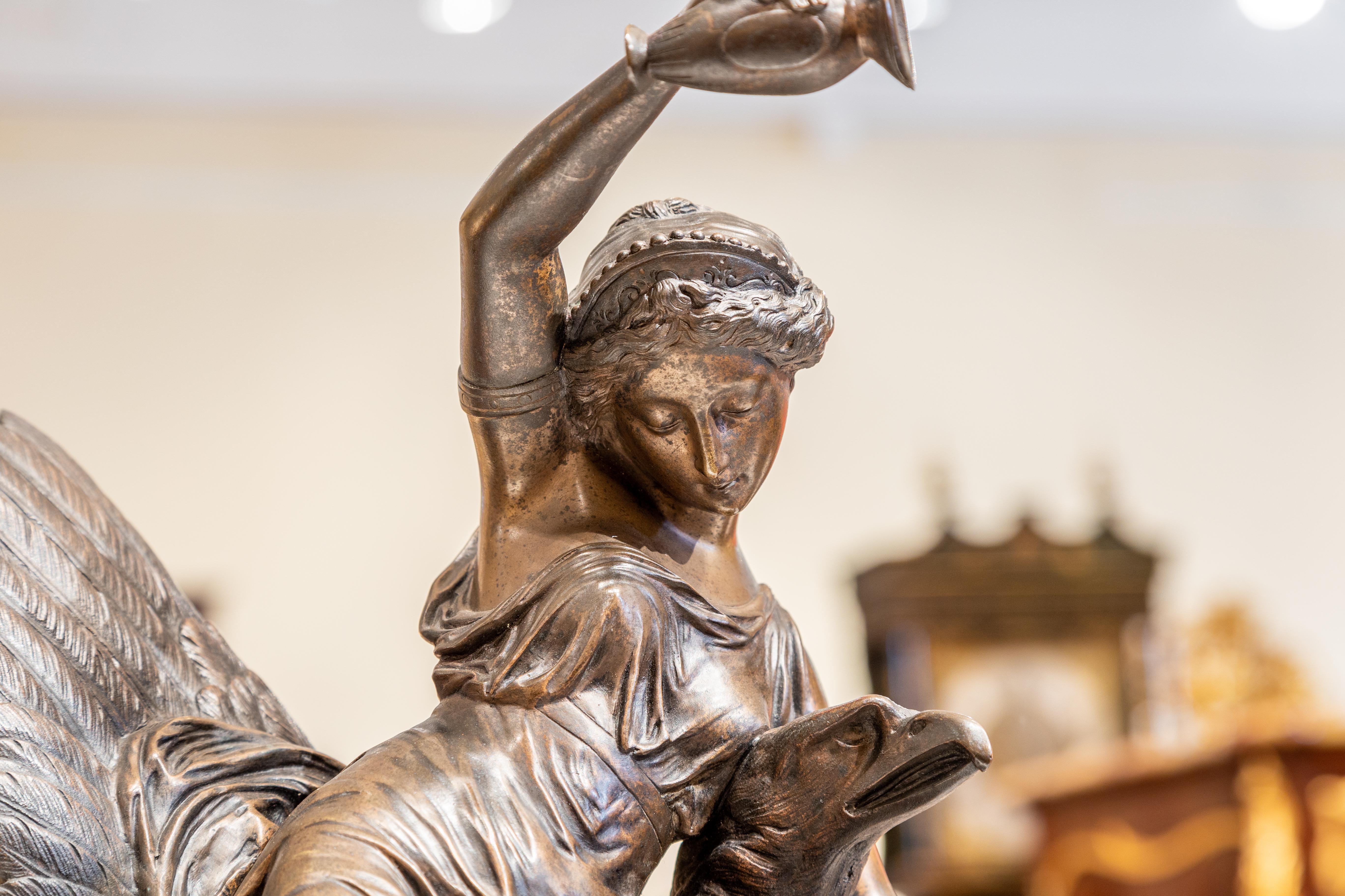 Belle Époque 19th Century Beautiful Patinated Bronze Sculpture of a Female on an Eagle For Sale