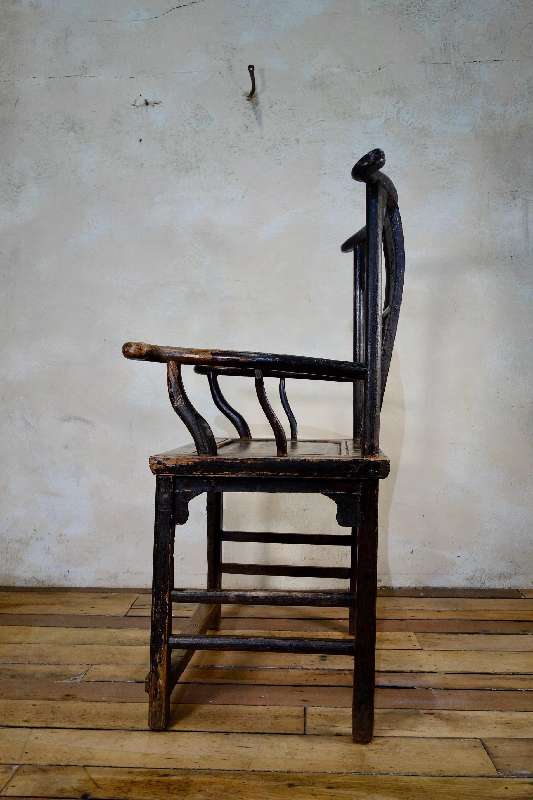 Ebonized 19th Century Black Lacquered Elm Chinese Officials Hat Yoke Back chair For Sale