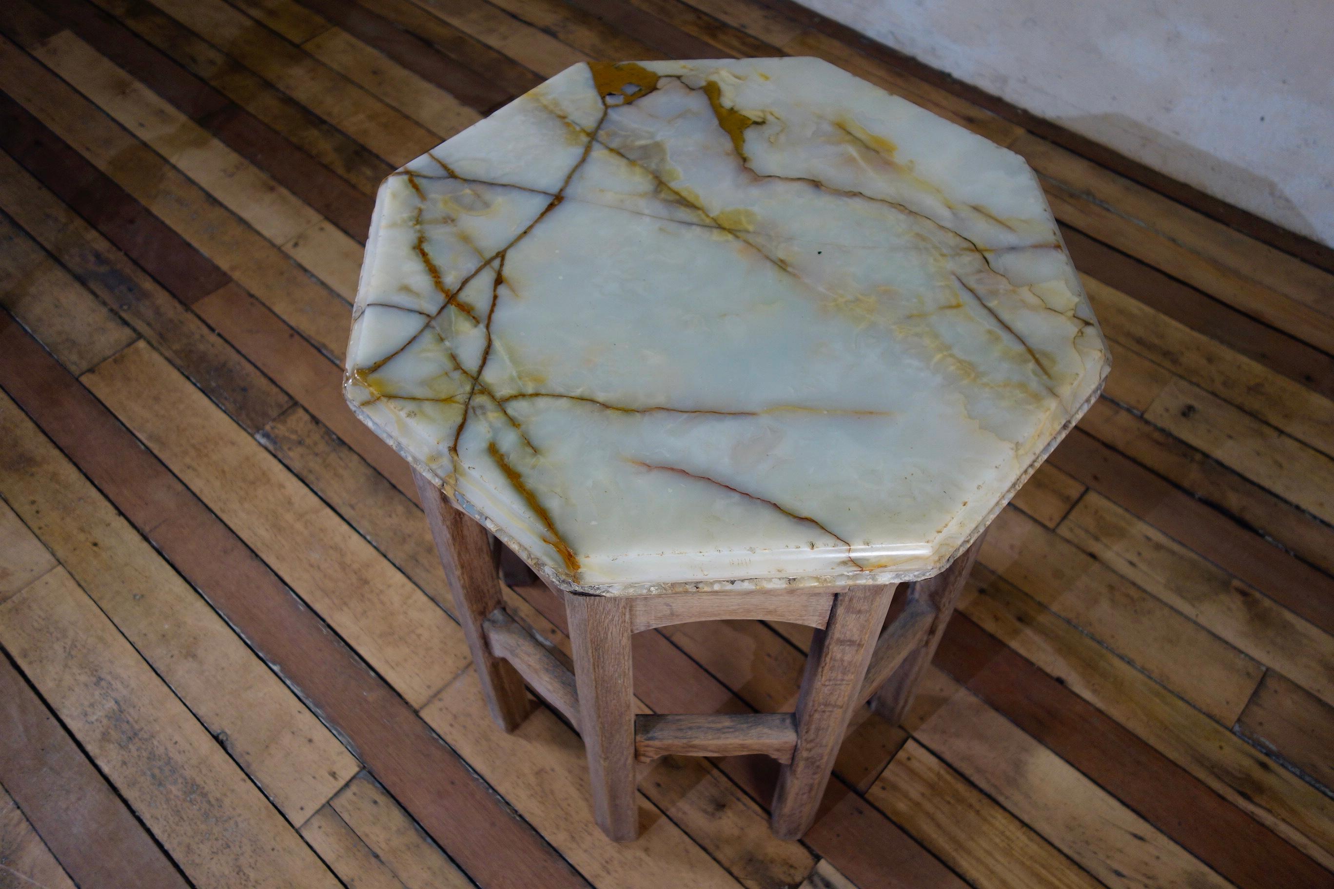 19th Century Bleached Oak Octagonal Side Table, Onyx Top 7