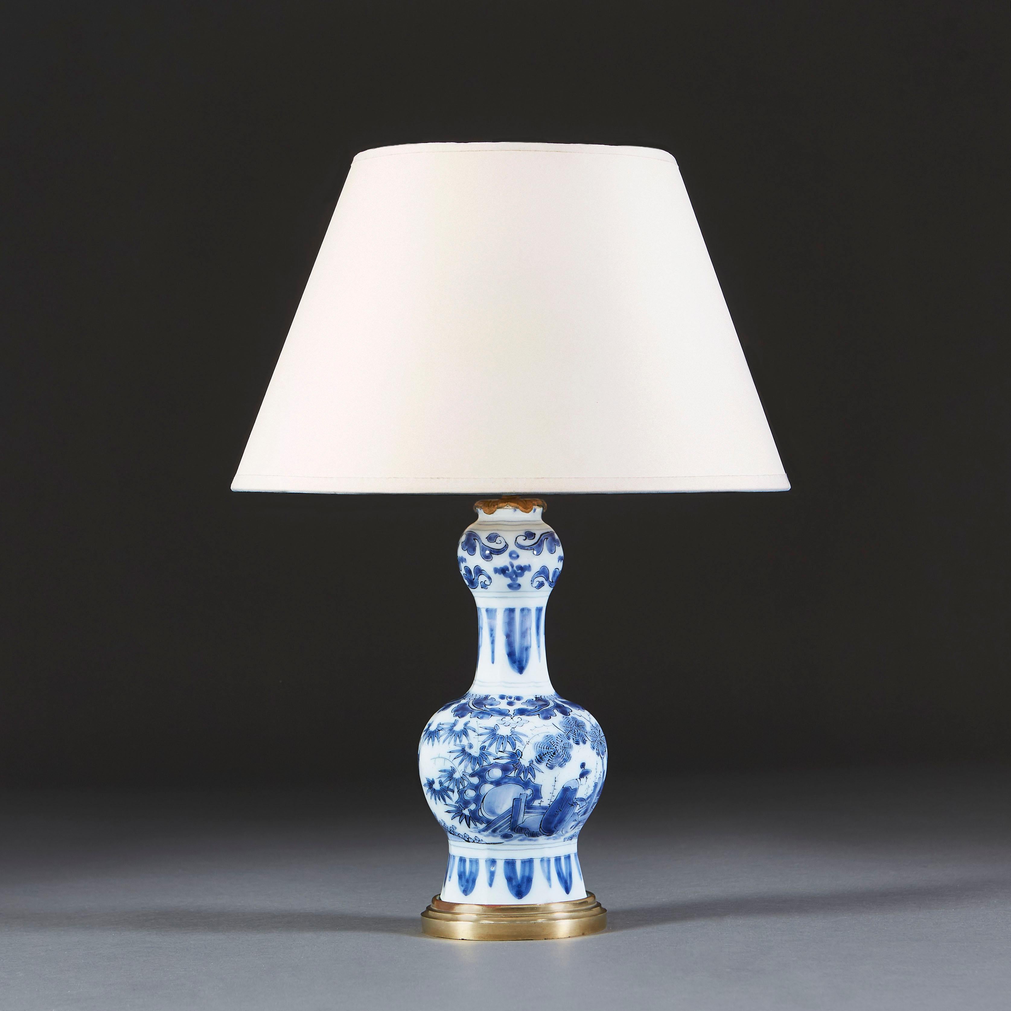 Dutch 19th Century Blue and White Delft Vase as a Table Lamp with Brass Base For Sale