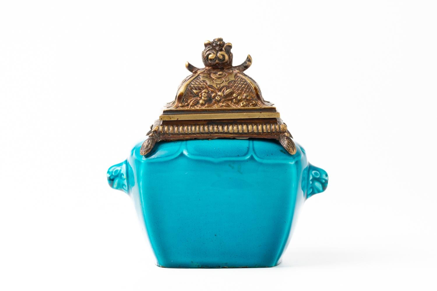 A 19th century Blue And Bronze Inkwell By Théodore Deck In Good Condition For Sale In Portland, England