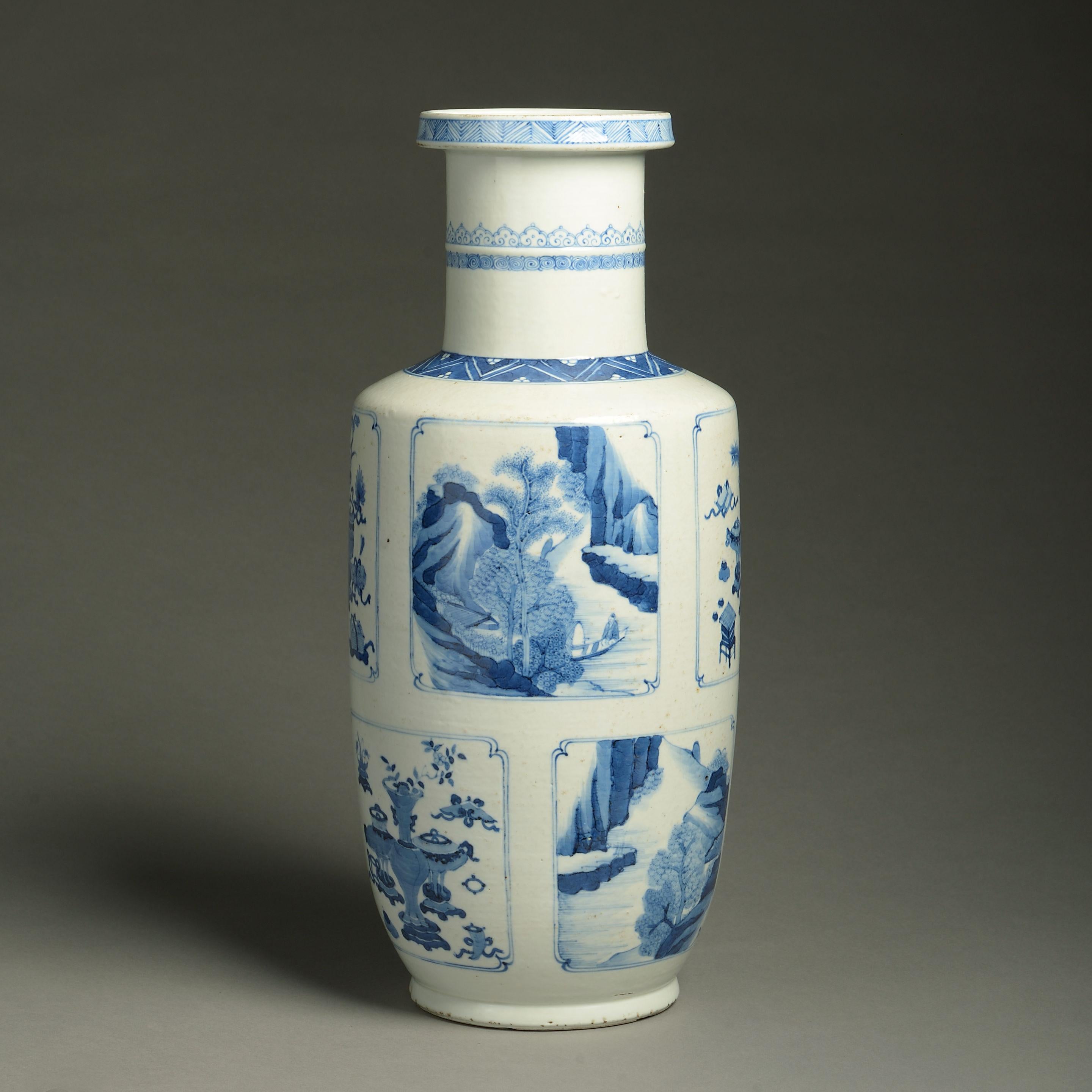 Chinese 19th Century Blue and White Porcelain Rouleau Vase