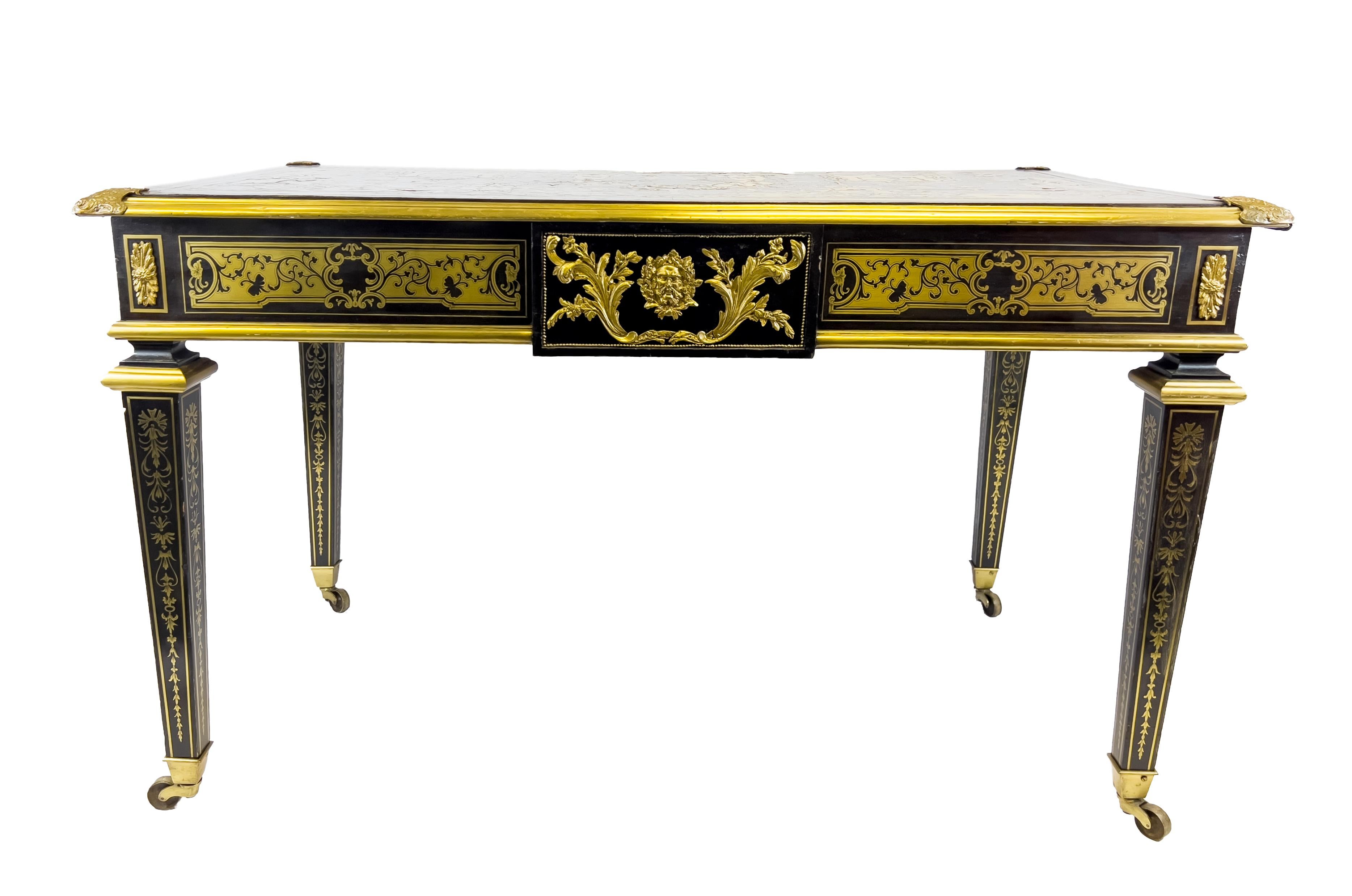 A fine 19th century French Boulle style desk, brass inlaid on a black background with classical scrolling designs all around and subjects to the top, three drawers to the front.
 