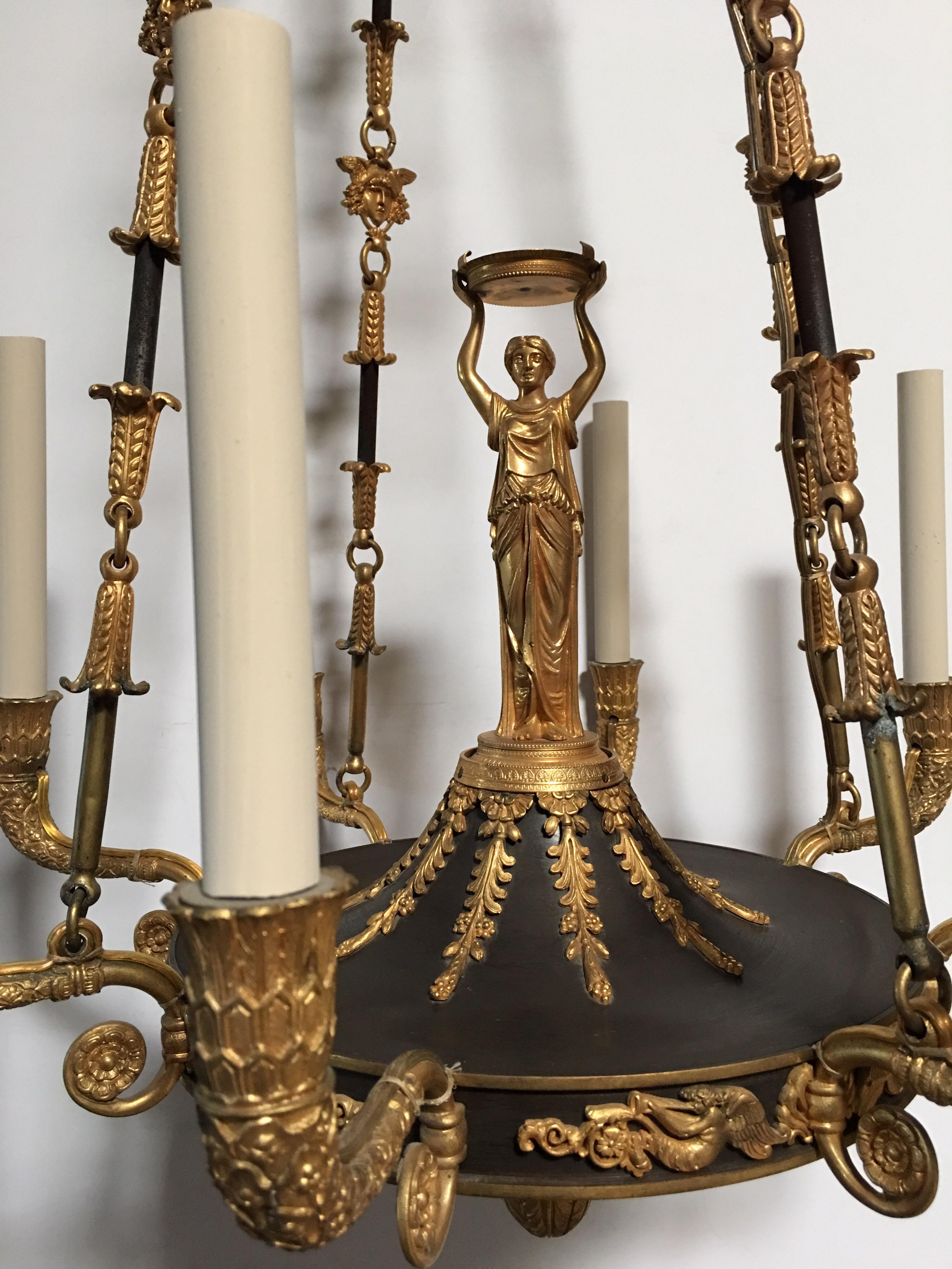 19th Century Bronze and Bronze Dore Empire Style Chandelier In Good Condition For Sale In Dallas, TX