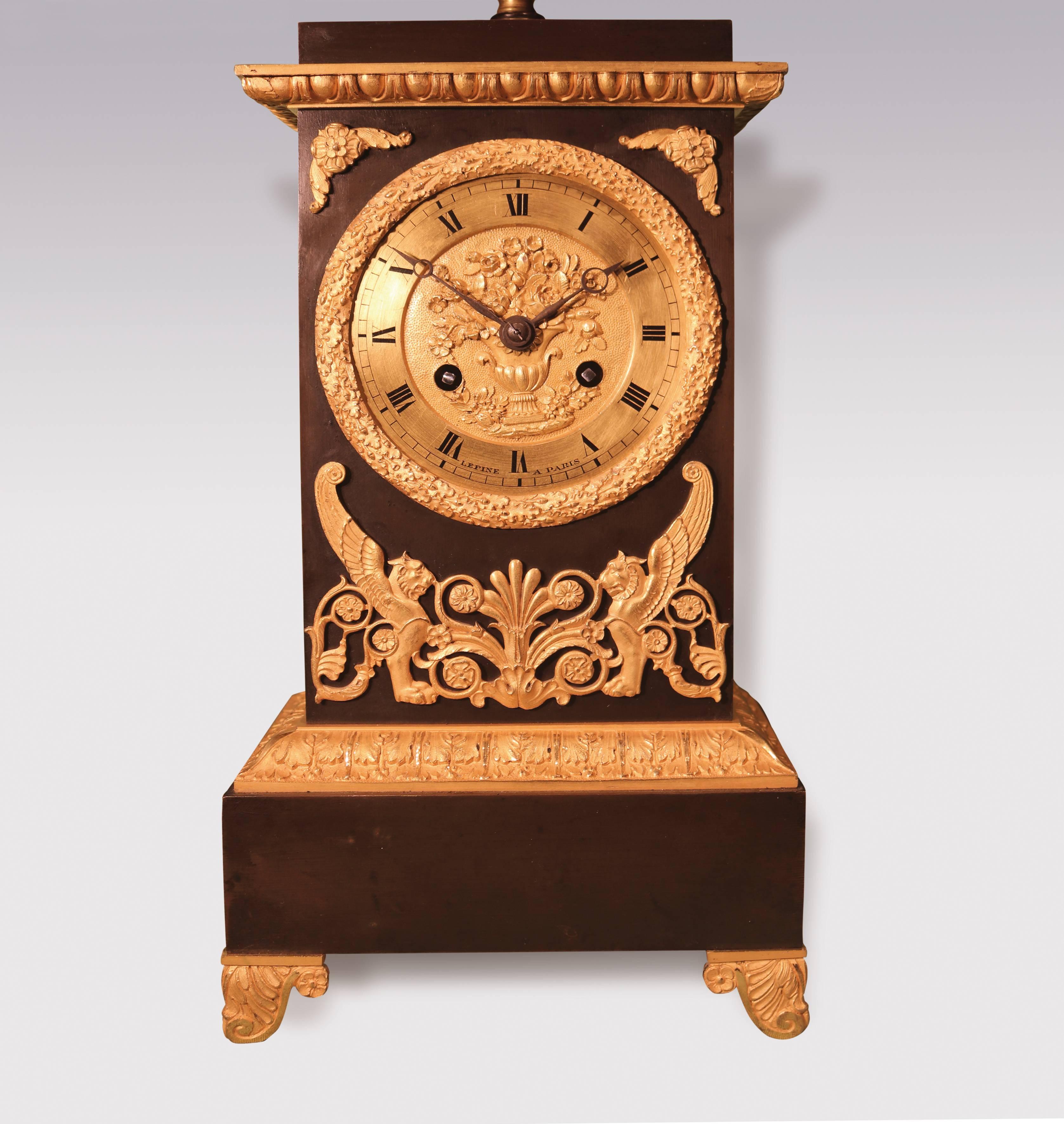 An early 19th century well-cast bronze and ormolu French clock, with 8-day striking movement by Lepine a Paris, having fine quality ormolu mounts to the case, surmounted by urn with scrolled carrying handles.

Further Information:

Jean-Antoine