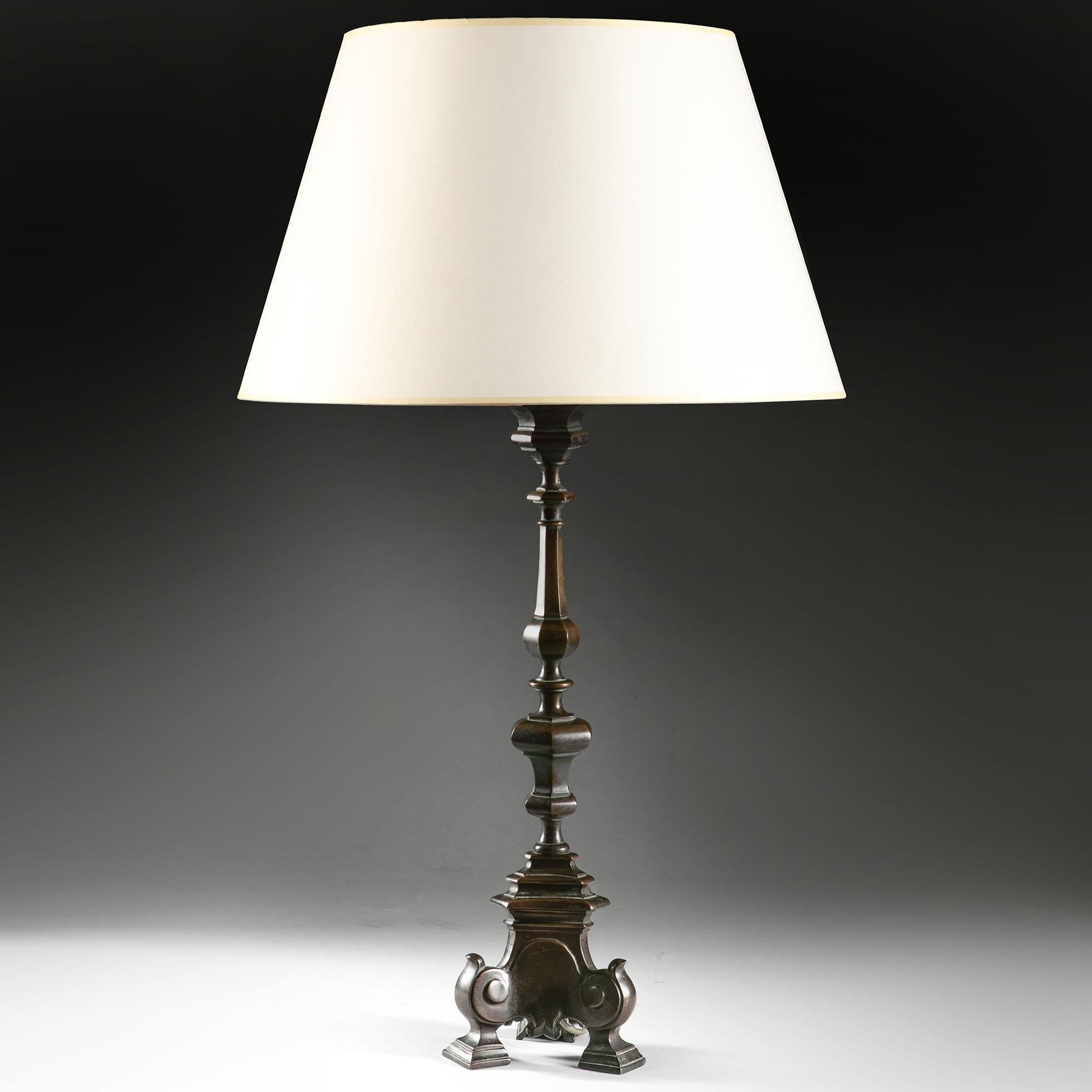 19th Century Bronze Column Lamp with a Triform Base 2