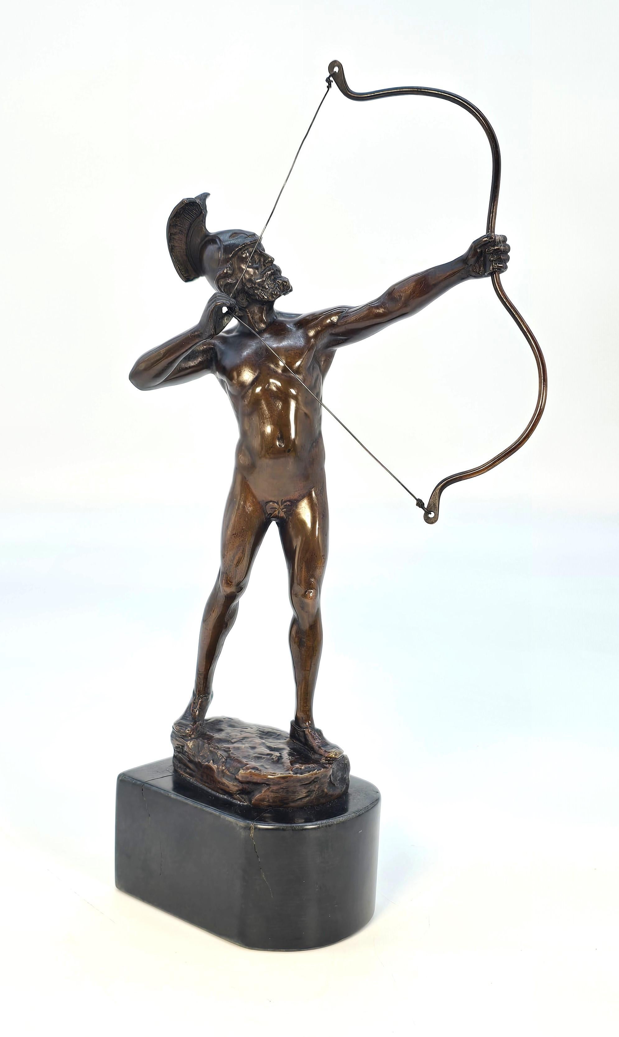 This fine antique bronze study is by the highly acclaimed sculptor and artist Eugène Barillot (1841–1900).

It depicts an ancient Greek archer testing his bow. The bearded man is naked and wearing only an ornate helmet and his shoes.

This very well