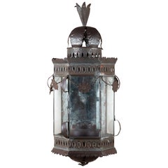 19th Century Bronze Metal Wall Lantern with Original Glass Panels