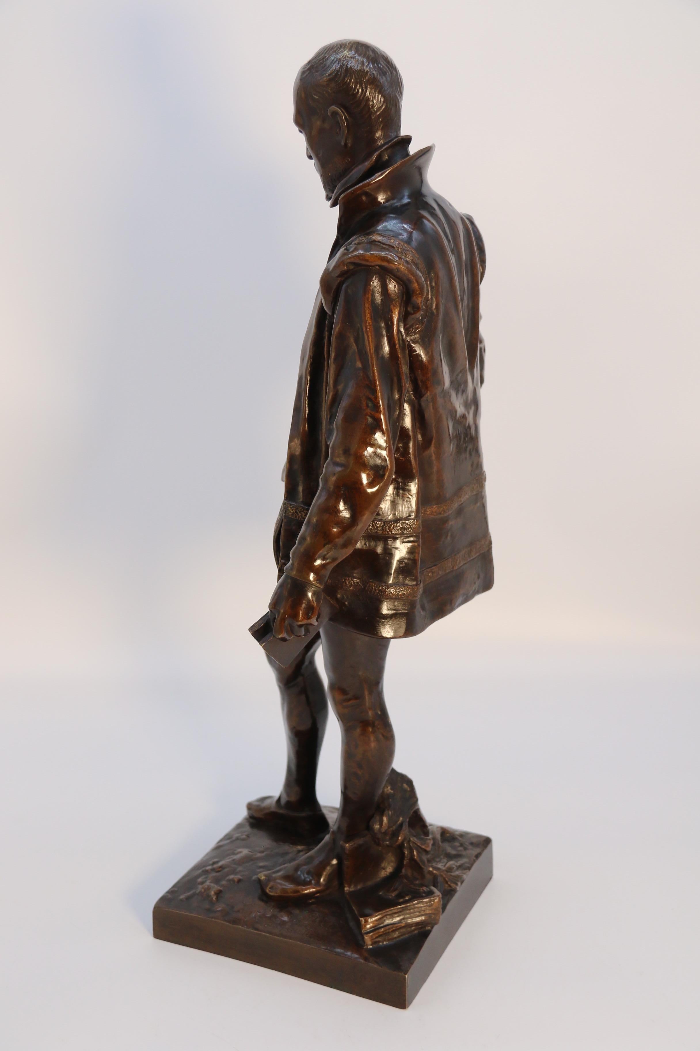 The 19th century bronze study of the French poet Joachim de Bellay by L Adolphe Bon état - En vente à Central England, GB