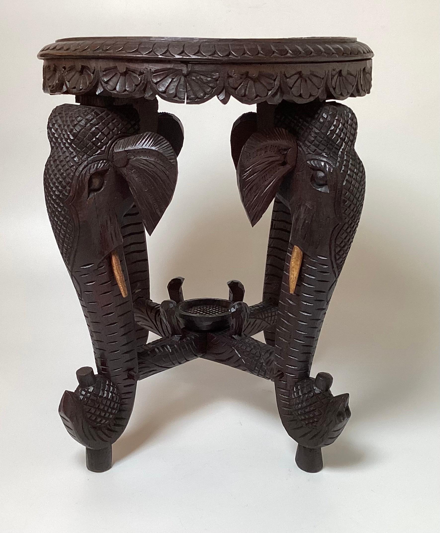 Hand-Carved 19th Century Burmese Carved Hardwood Elephant Form Table, Stand For Sale