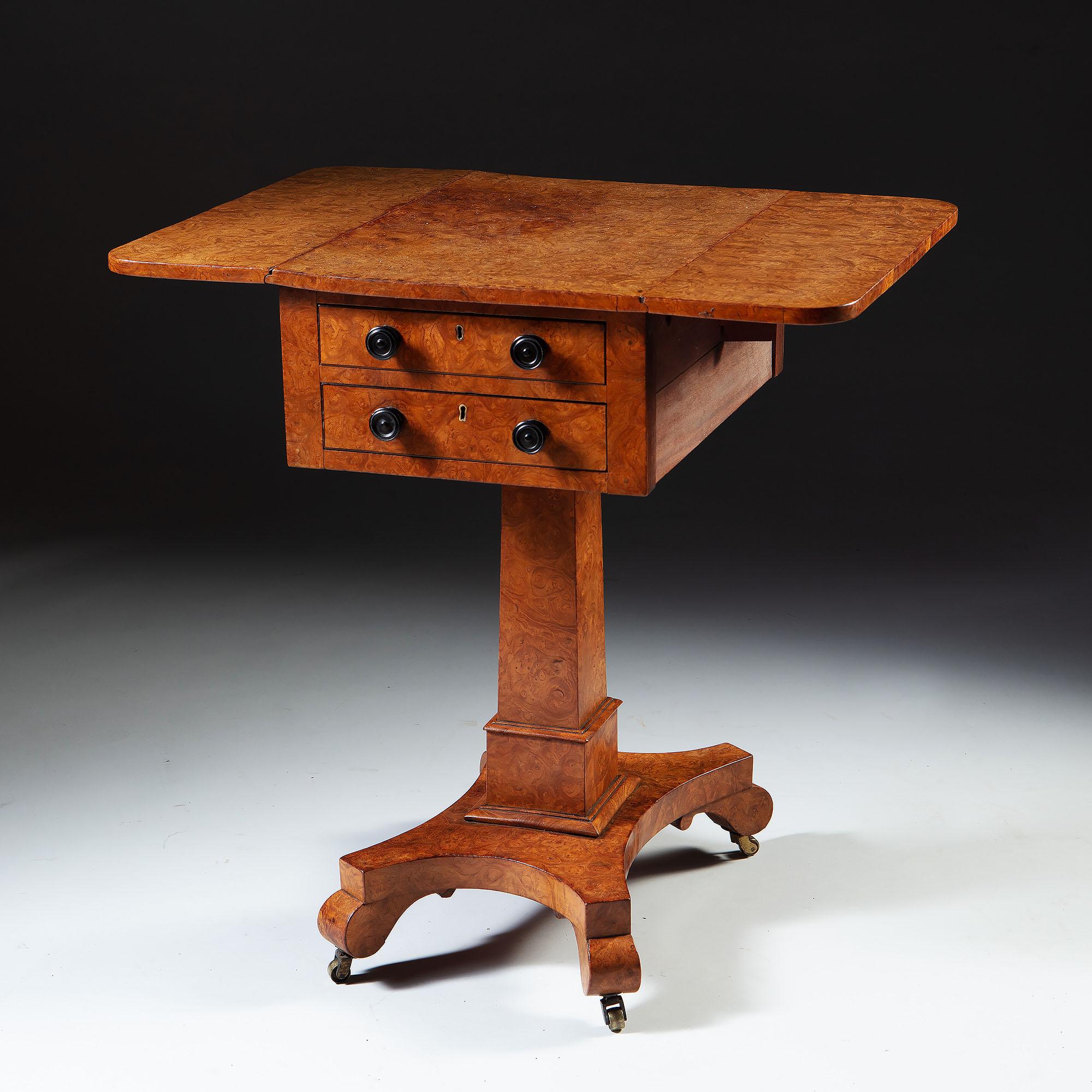 19th Century Burr Ashwood Work Table with Drop Leaf Sides and Drawers 1
