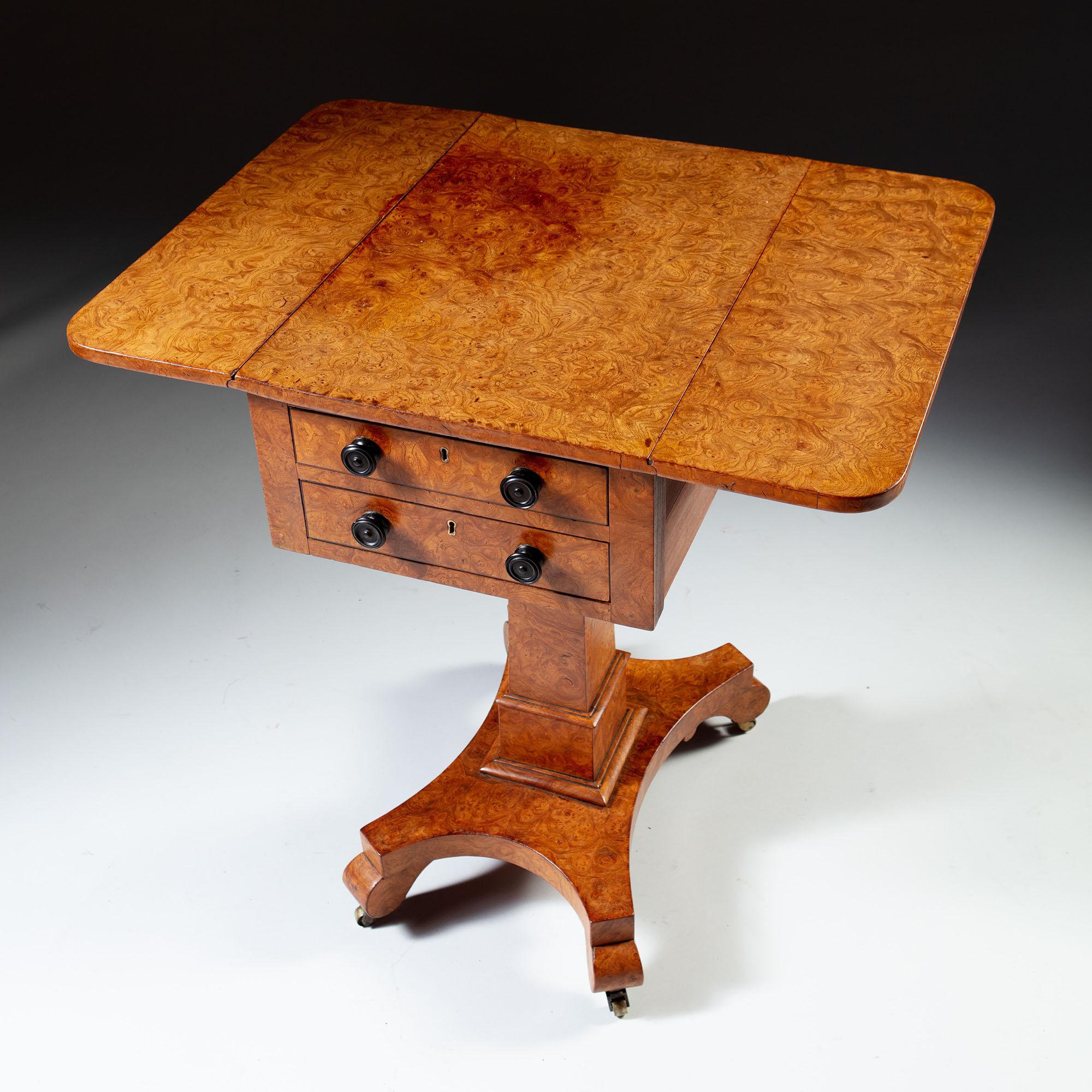 19th Century Burr Ashwood Work Table with Drop Leaf Sides and Drawers 2