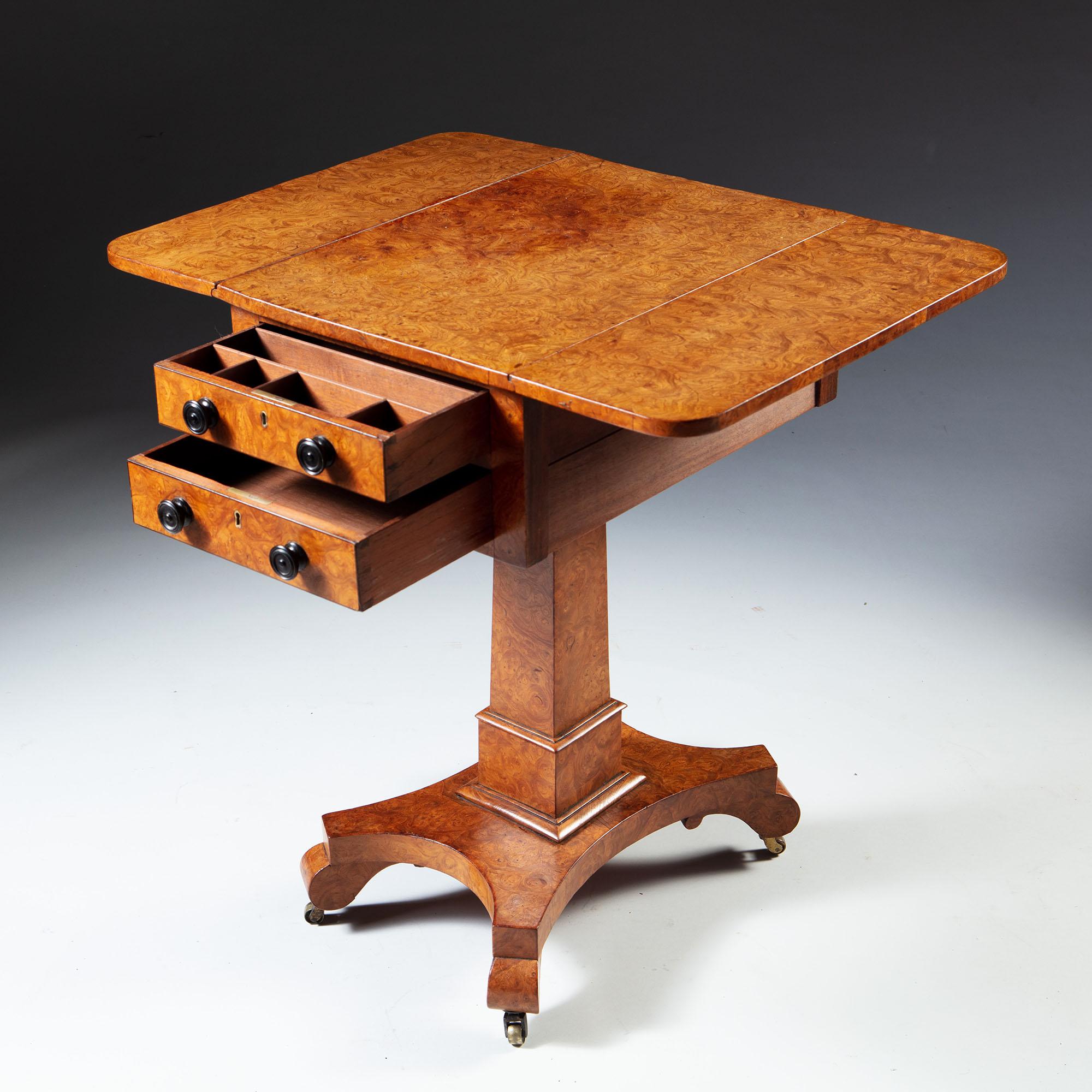 19th Century Burr Ashwood Work Table with Drop Leaf Sides and Drawers 3