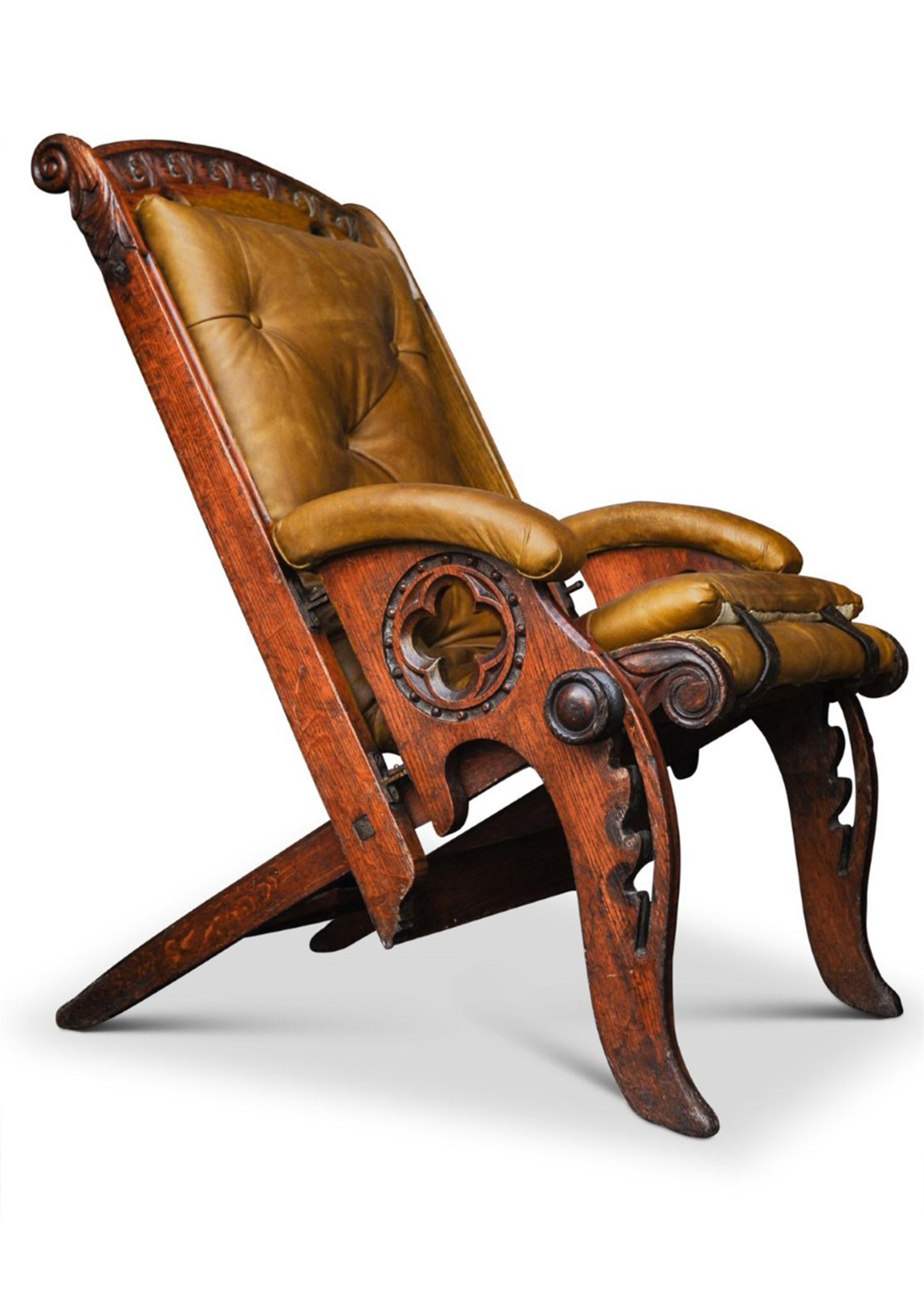 A 19th century Campaign chair of Herbert McNair Design carved oak & polished tan leather adjustable reclining seat.


James Herbert MacNair (23 December 1868 – 22 April 1955), was a Scottish artist, designer and teacher whose work contributed to