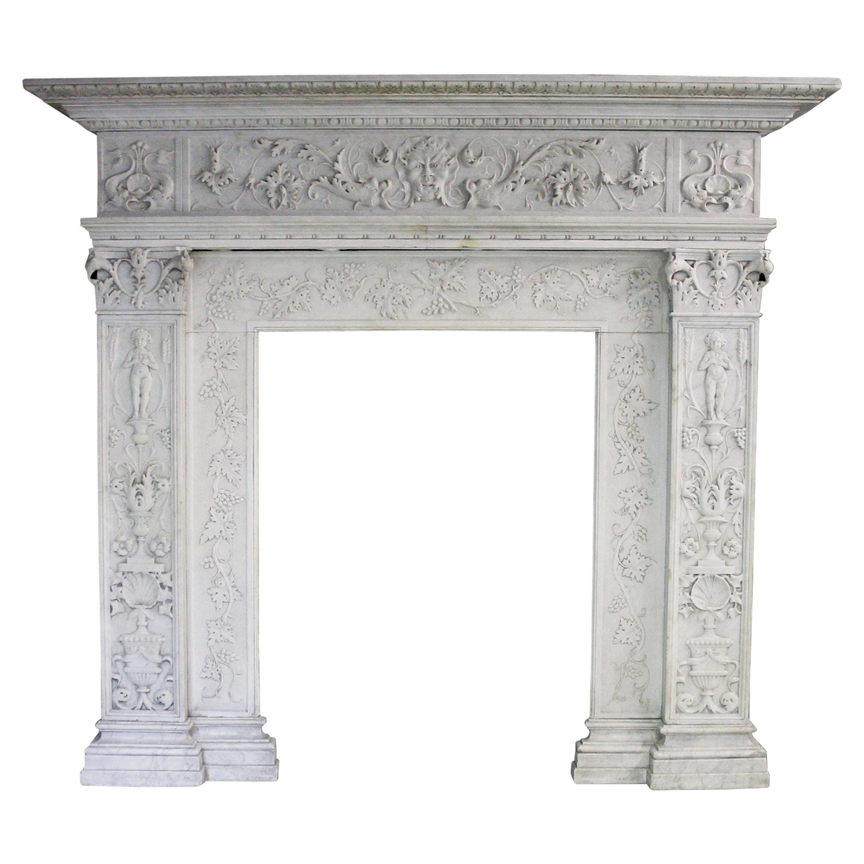 19th Century Carved Carrara Marble Chimneypiece in the Renaissance Style