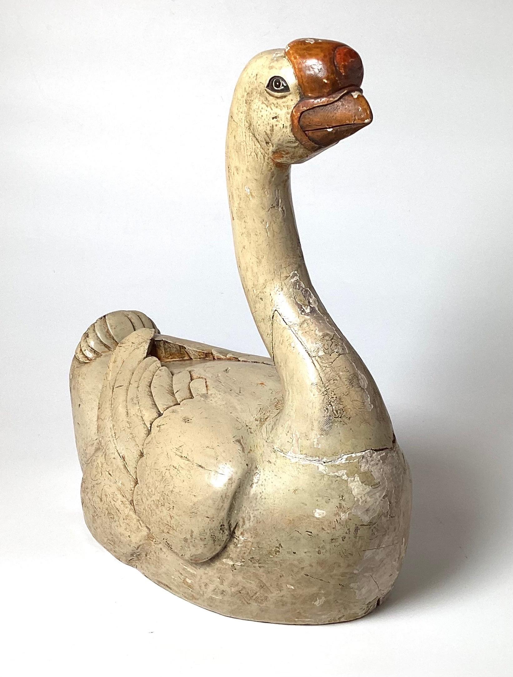 19th Century Carved Hardwood Painted Chinese Basal Knob Goose For Sale 1