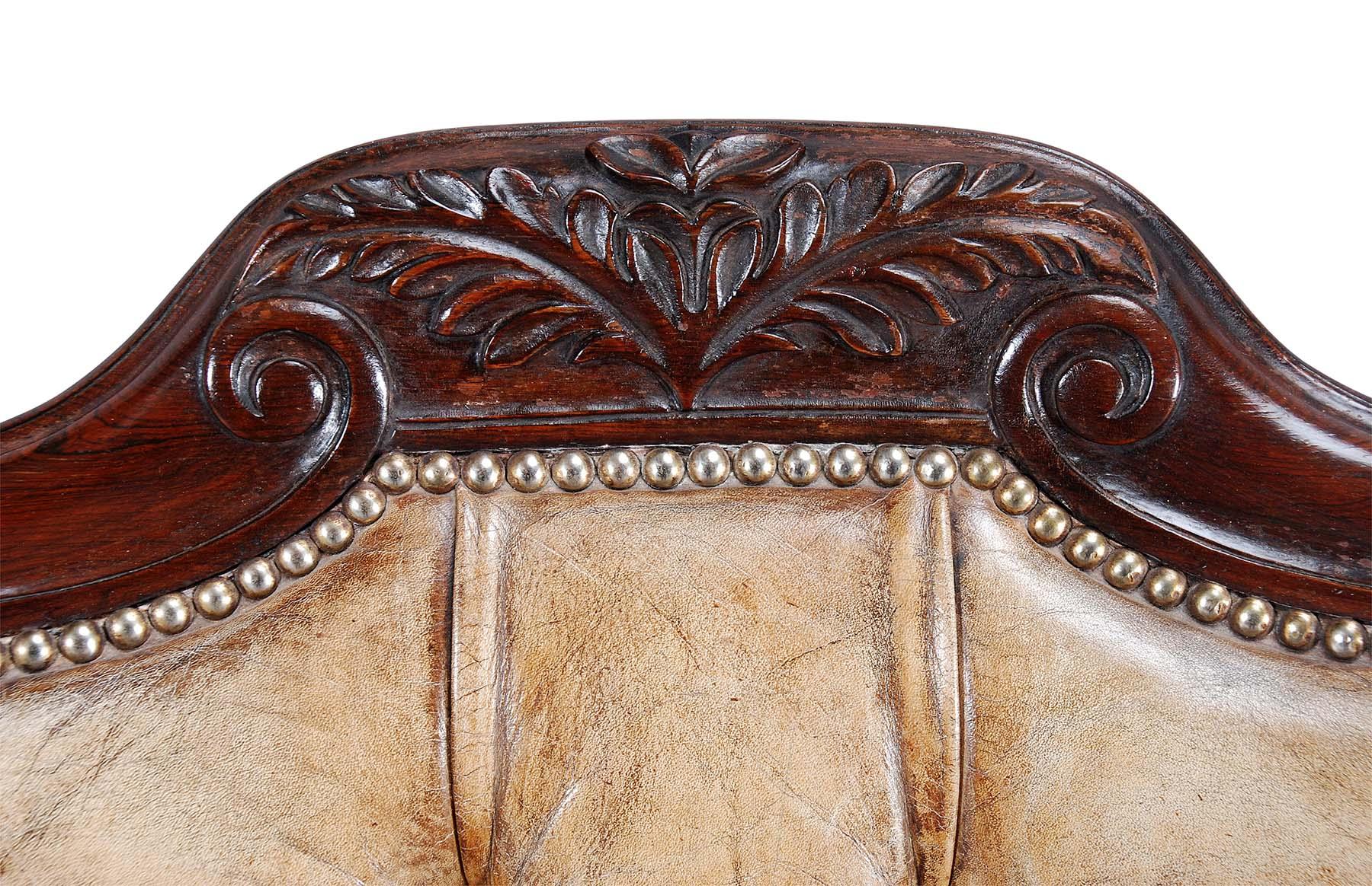 Victorian A 19th Century Carved Rosewood and Leather Armchair For Sale