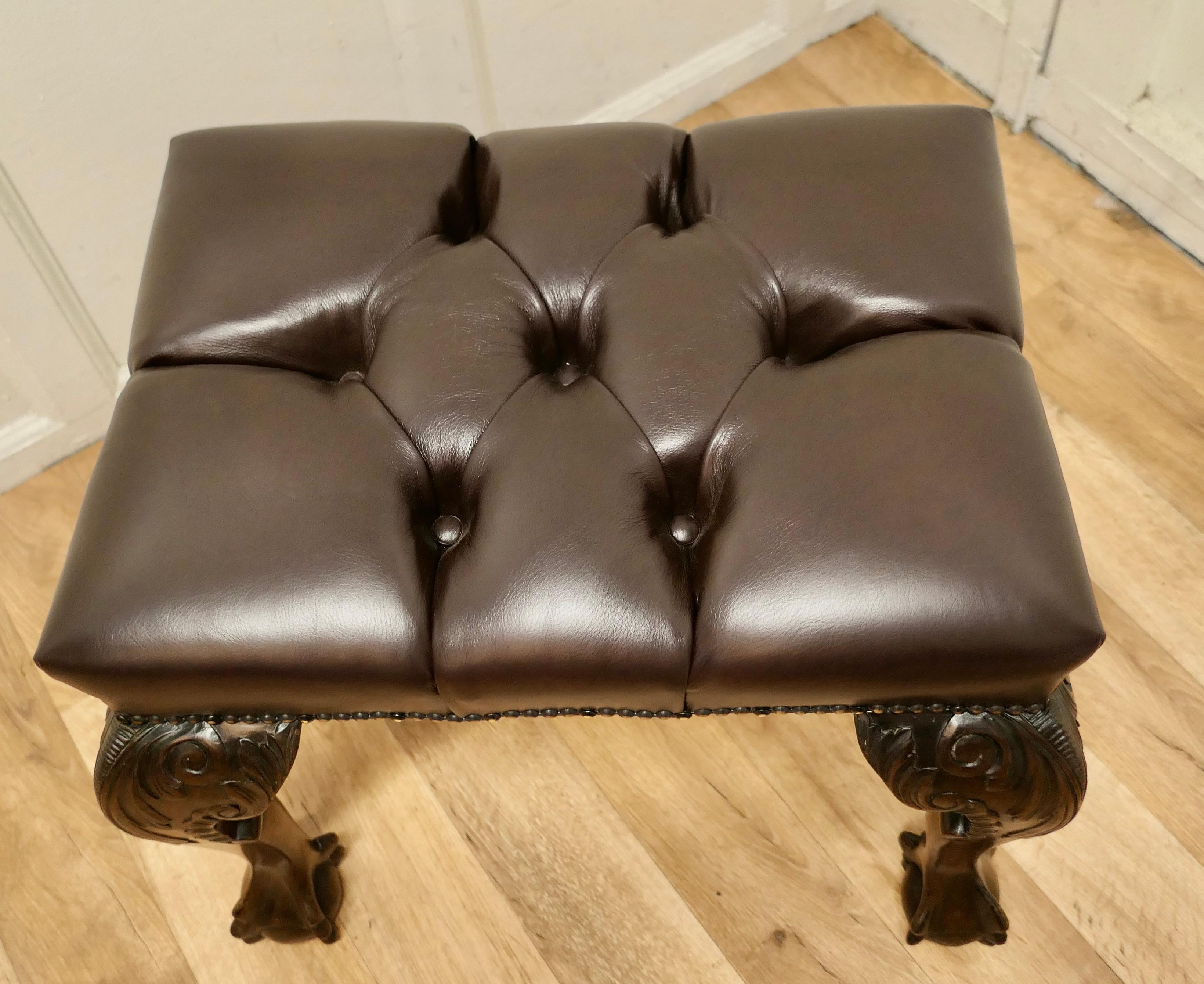 19th Century Carved Walnut Leather Chesterfield Library Stool For Sale 7