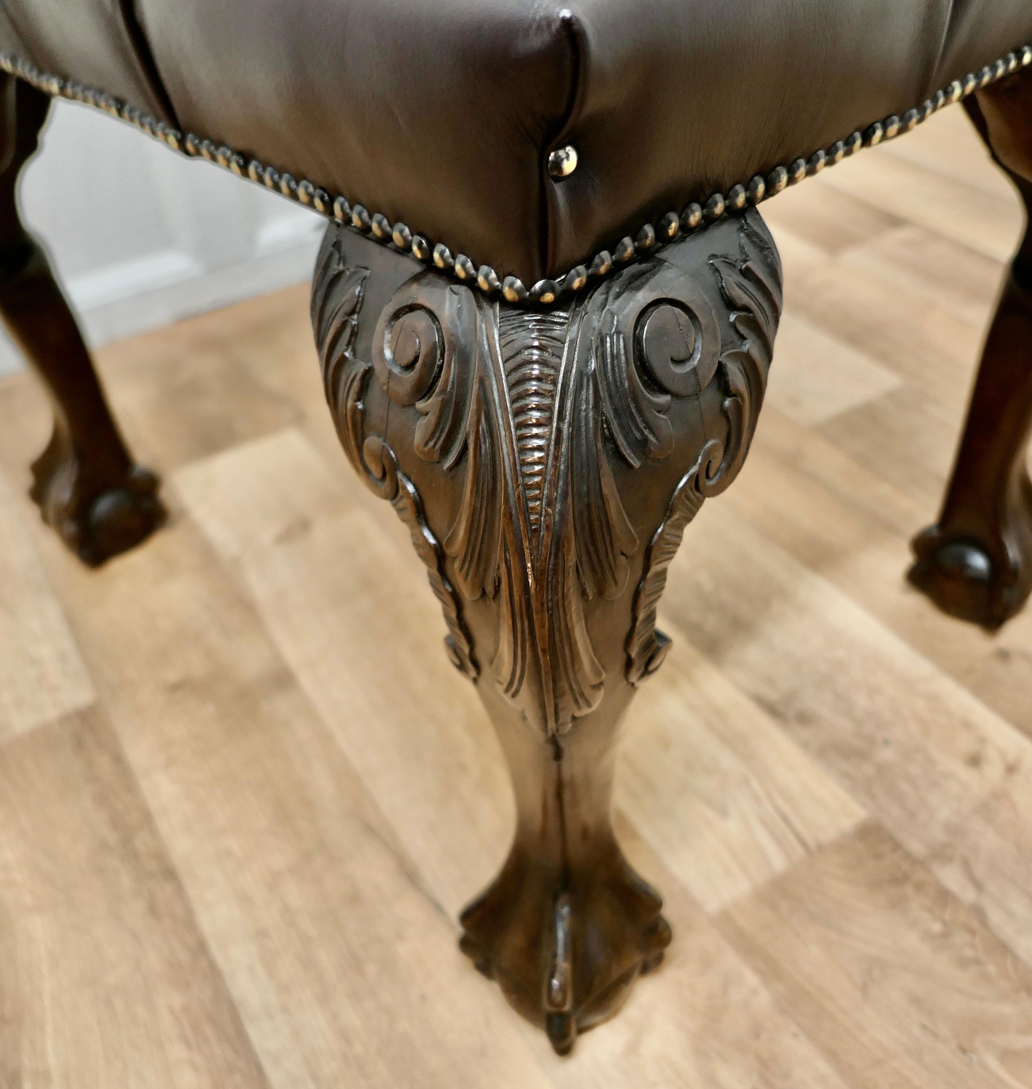 19th Century Carved Walnut Leather Chesterfield Library Stool For Sale 1