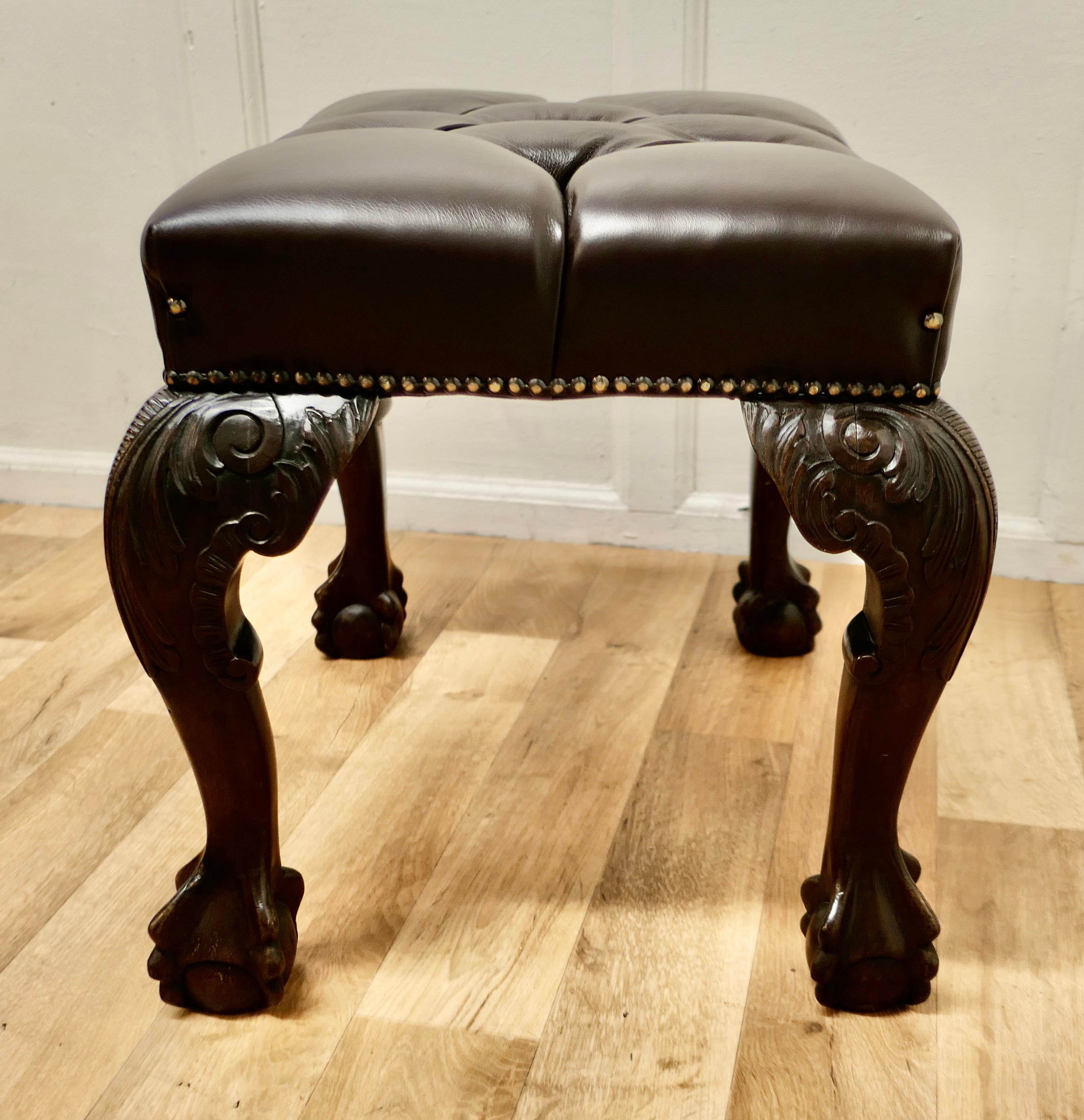 19th Century Carved Walnut Leather Chesterfield Library Stool For Sale 3
