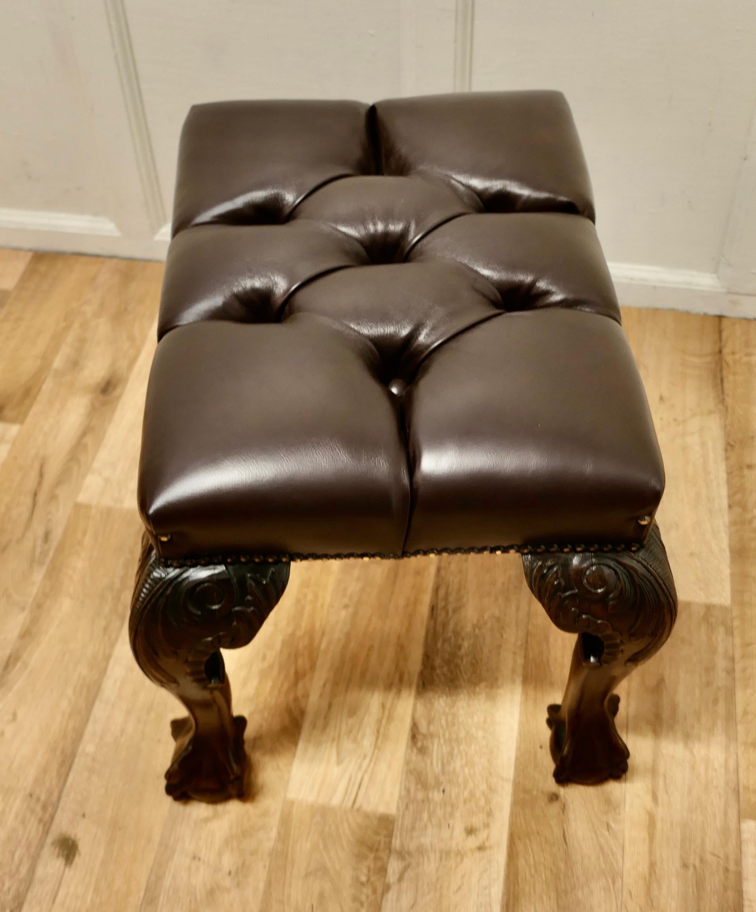 19th Century Carved Walnut Leather Chesterfield Library Stool For Sale 4