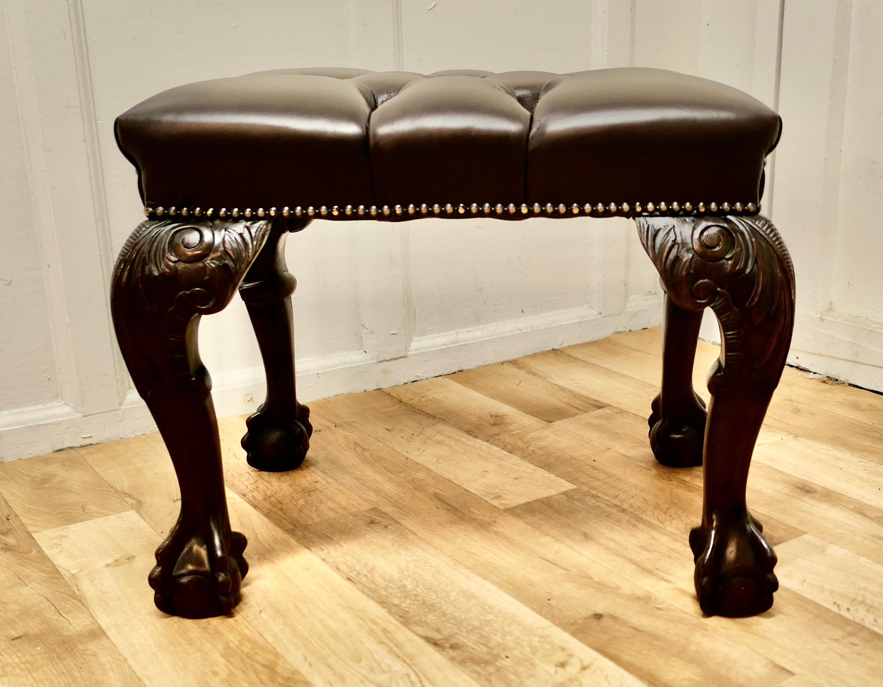 19th Century Carved Walnut Leather Chesterfield Library Stool For Sale 5