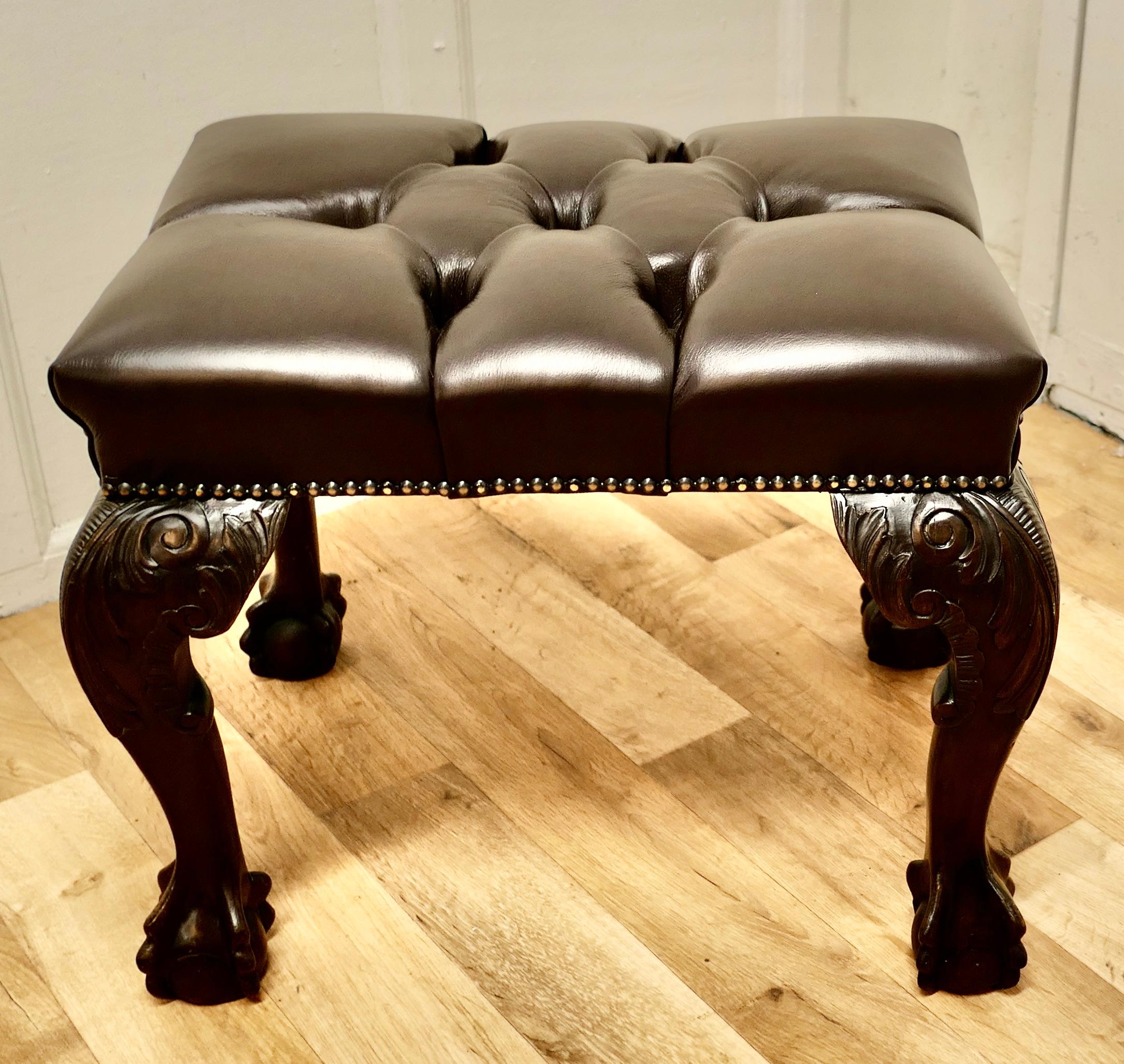 19th Century Carved Walnut Leather Chesterfield Library Stool For Sale 6