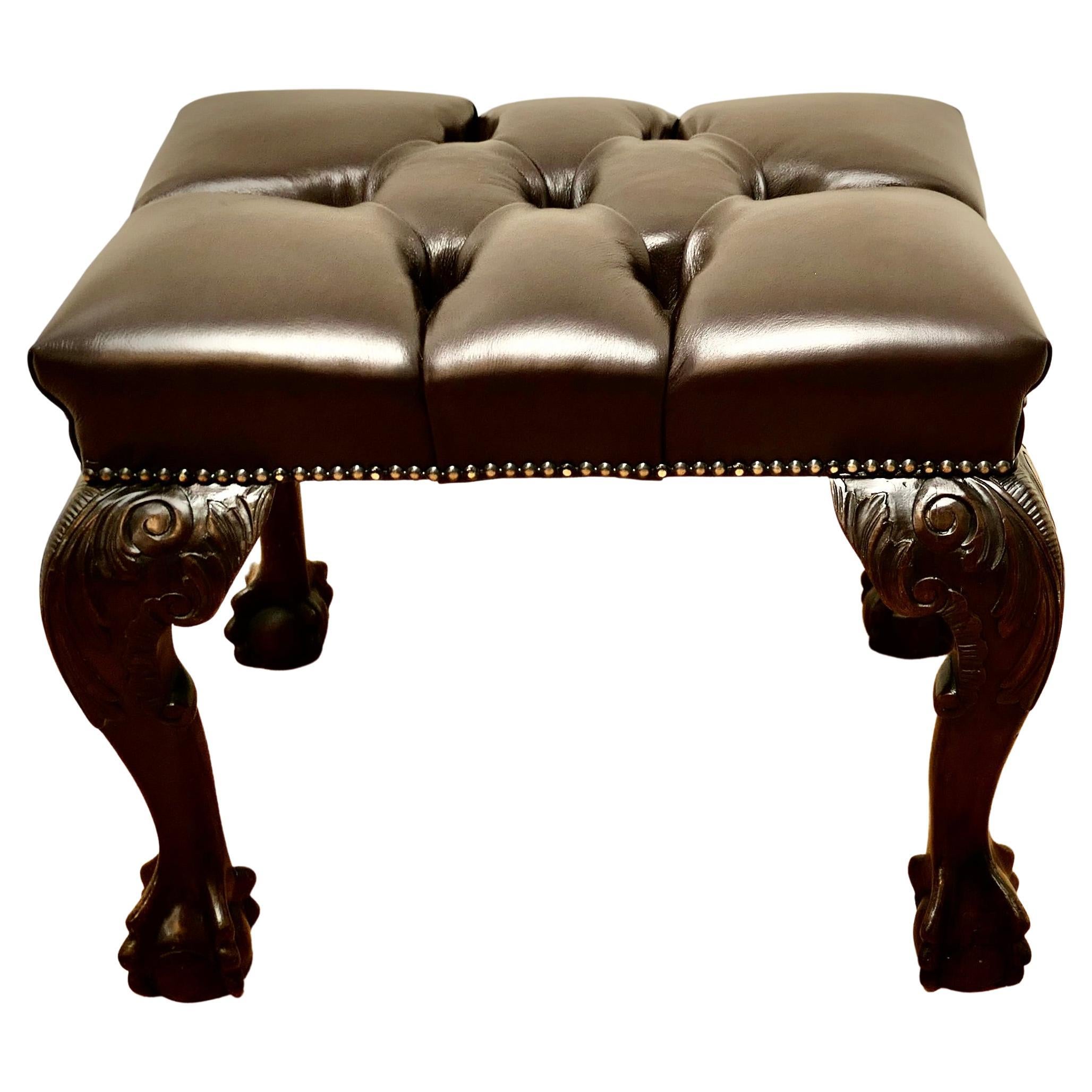 19th Century Carved Walnut Leather Chesterfield Library Stool For Sale