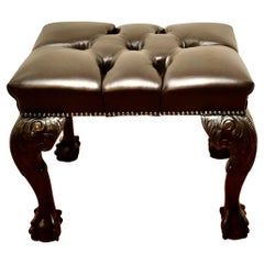 19th Century Carved Walnut Leather Chesterfield Library Stool
