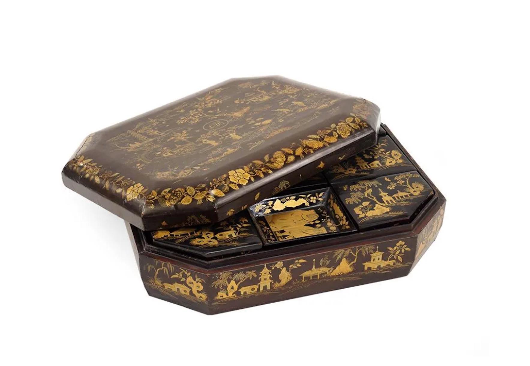 19th Century Chinese Box, Black Lacquered Rectangular Double Handled Box For Sale 1