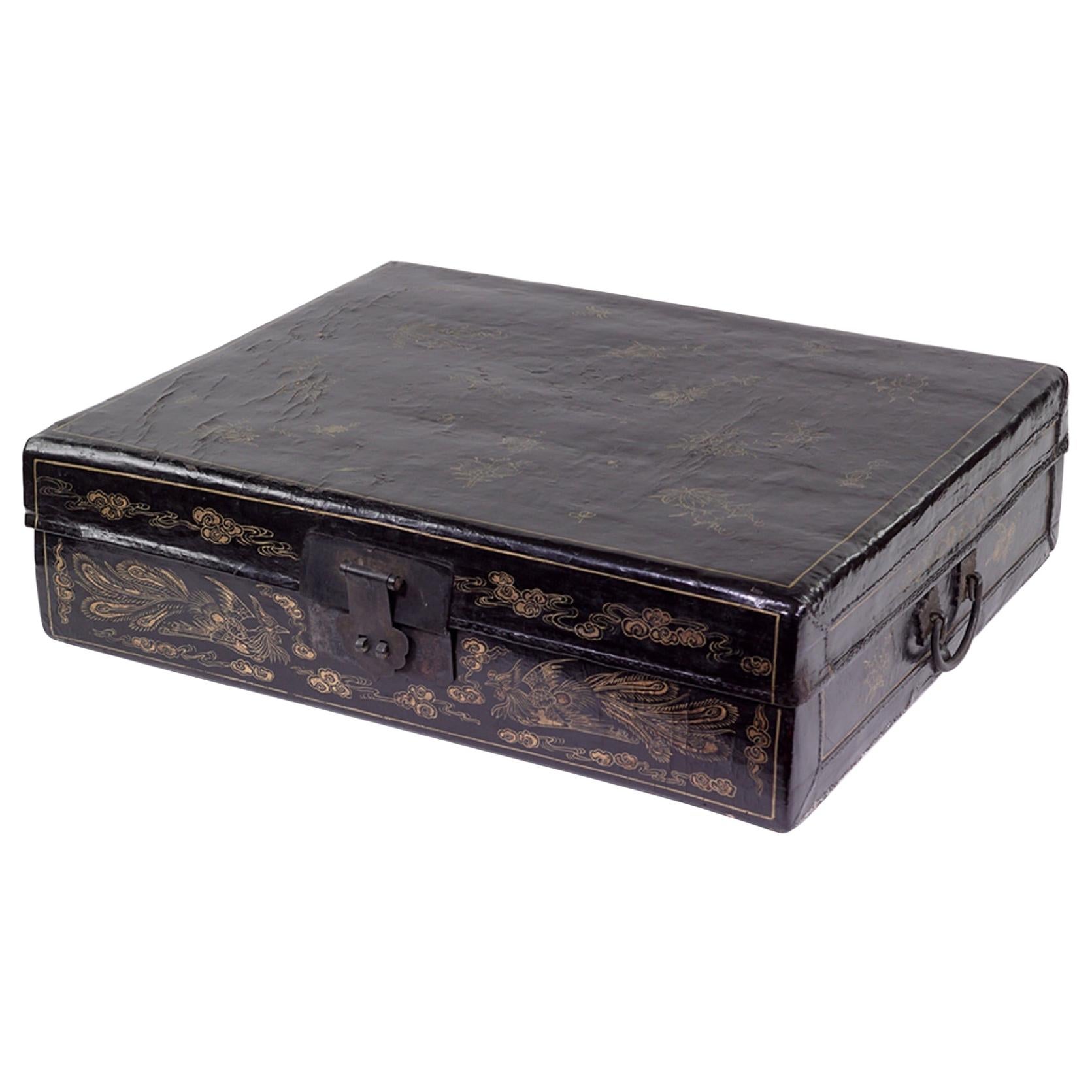 19th Century Chinese Box, Black Lacquered Rectangular Double Handled Box