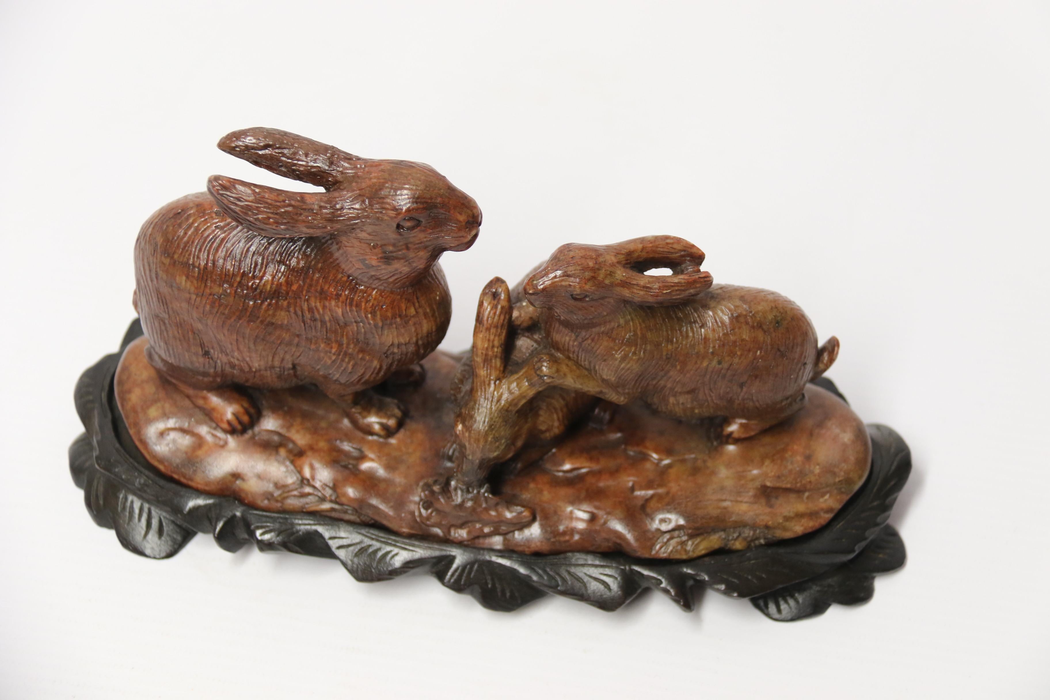 19th Century Chinese Carved Soapstone Rabbit Group, circa 1900 For Sale 8