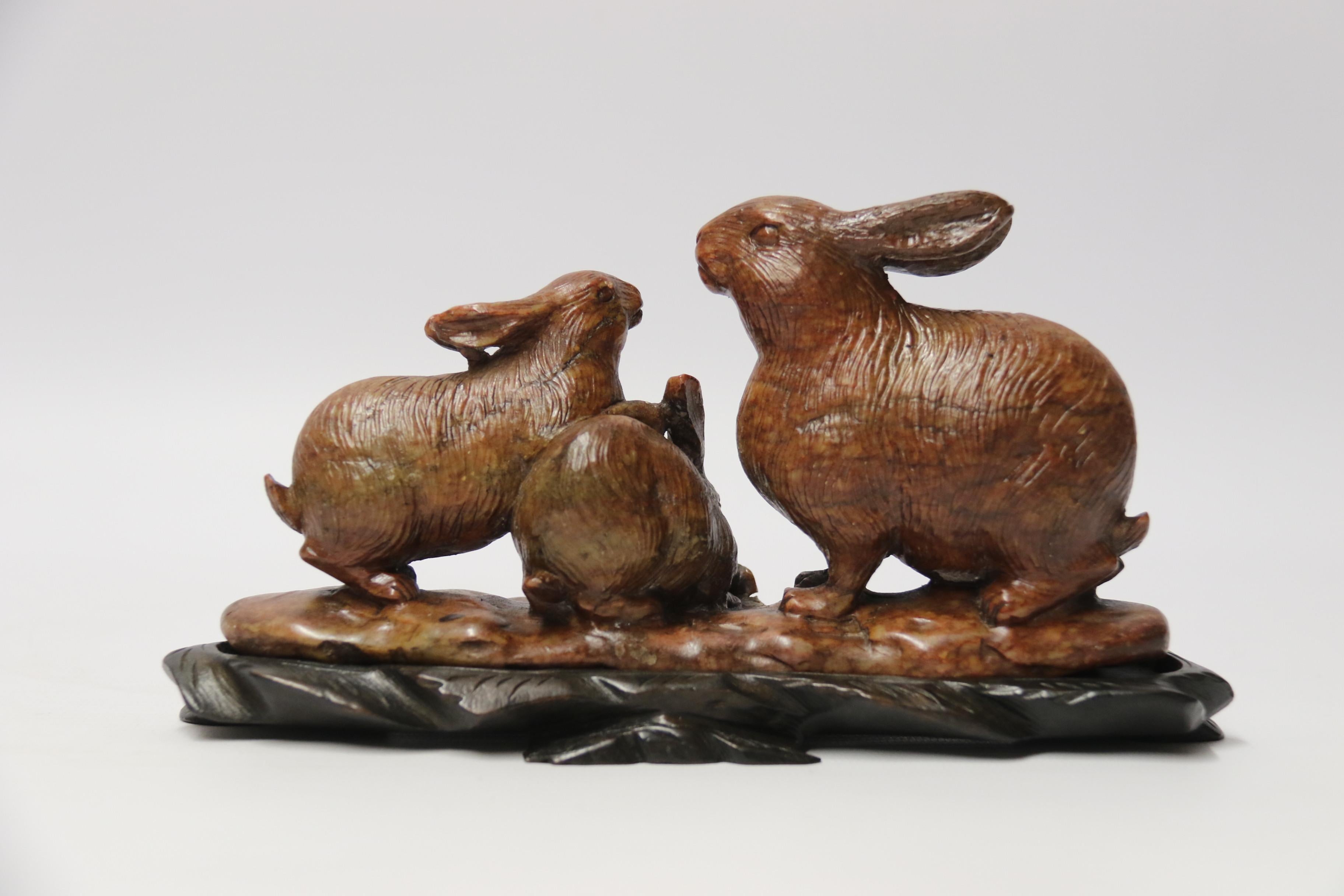 Chinese Export 19th Century Chinese Carved Soapstone Rabbit Group, circa 1900 For Sale