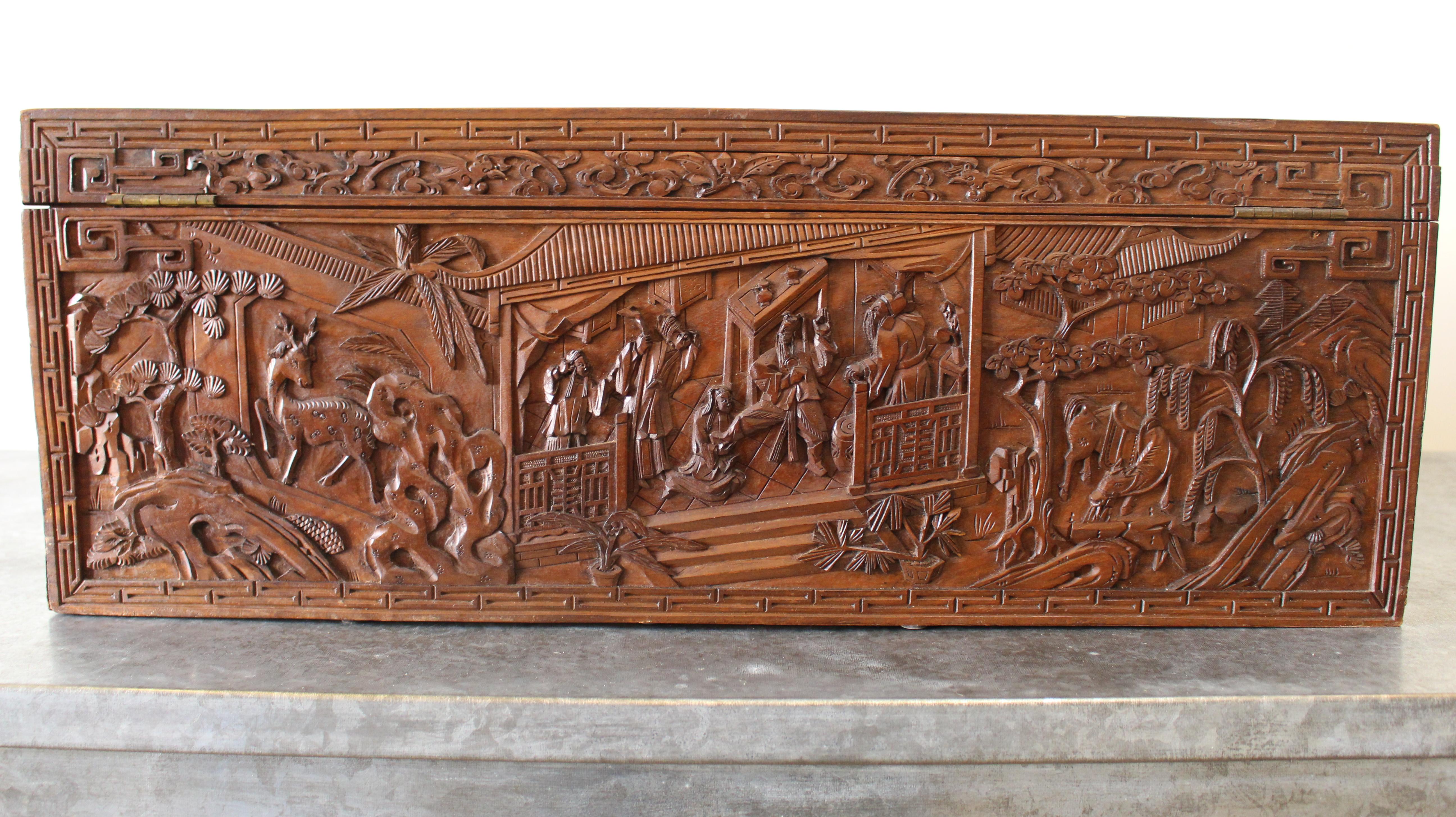 Qing 19th Century Chinese Carved Camphor Wood Document Box